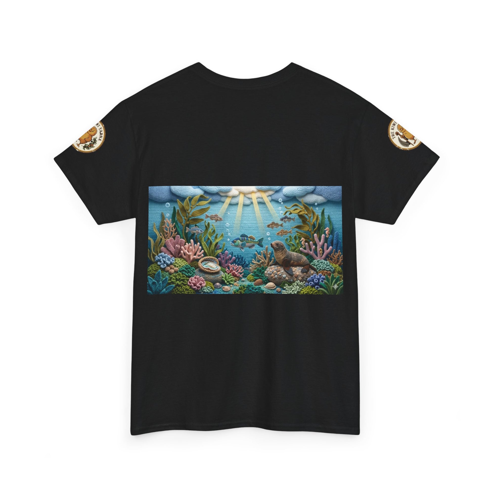 Black T-shirt with sea scene graphic and circular shoulder patches