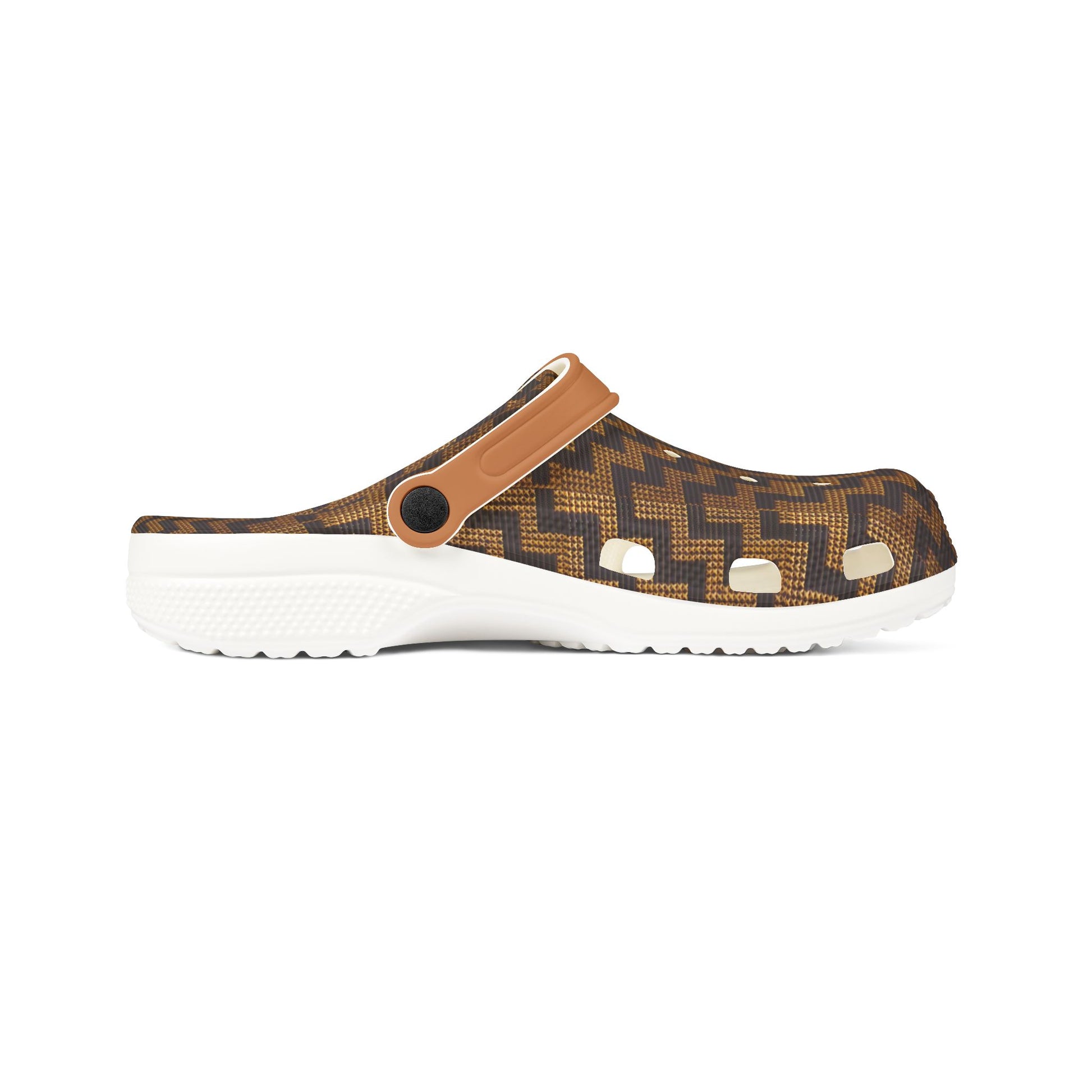 Side view slip-on clog with dark patterned upper, tan strap, and white foam sole