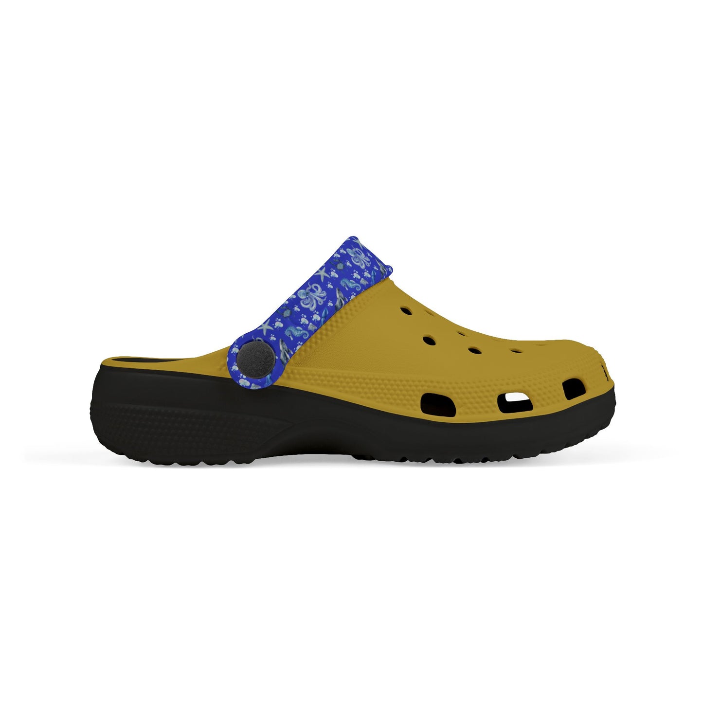Kids' sea-themed slip-on clogs, yellow upper with blue print insole panel