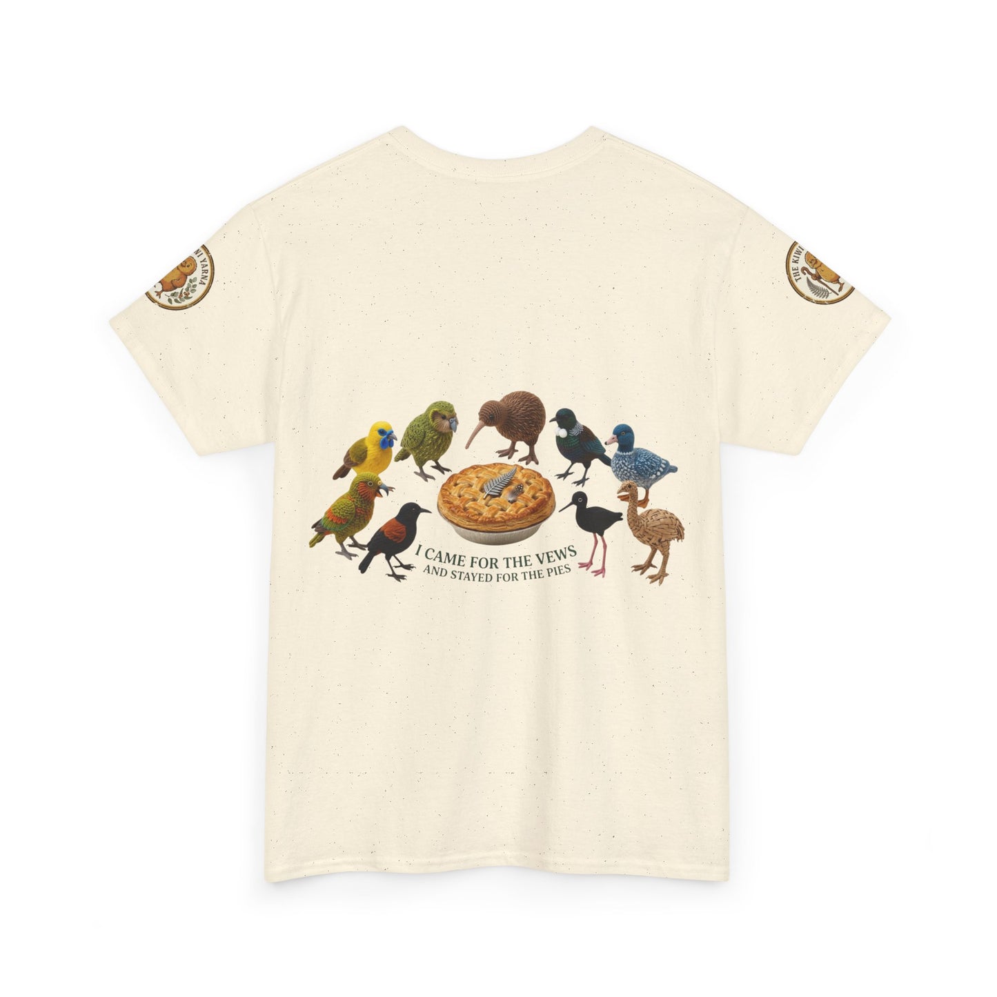 Cream short-sleeve T-shirt with colorful bird and pizza graphic