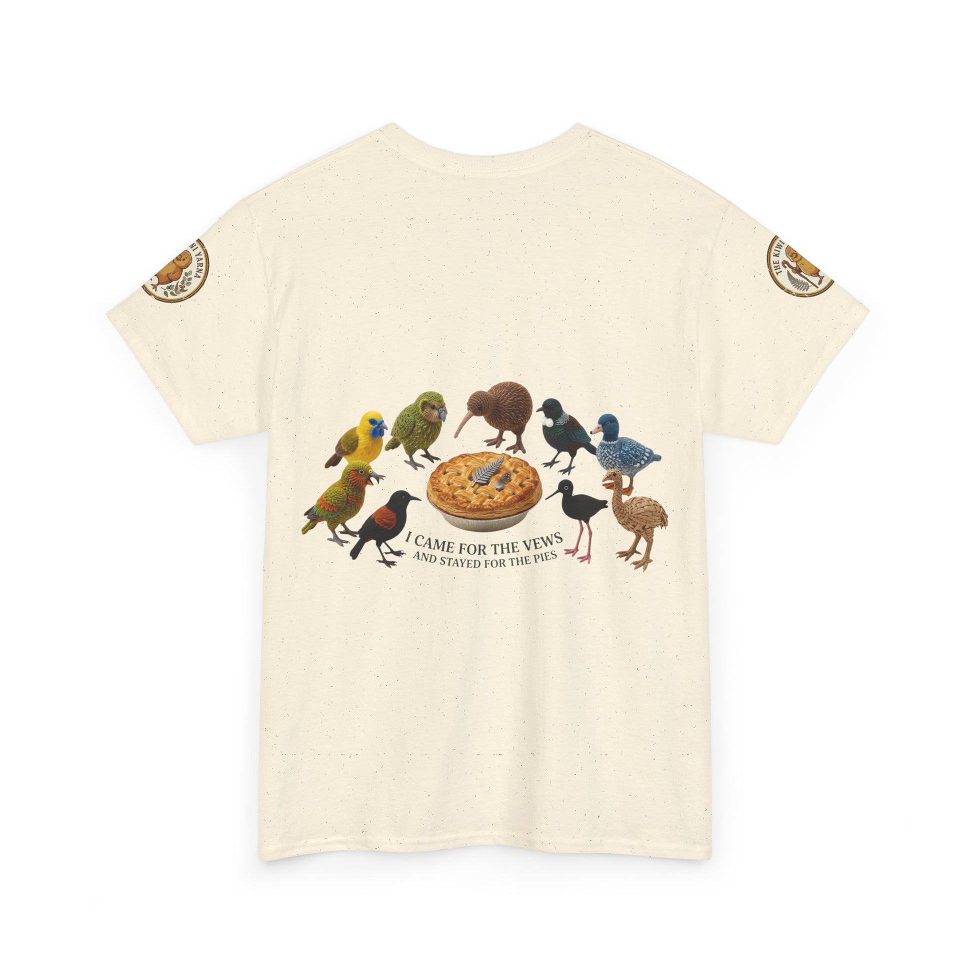 Cream short-sleeve T-shirt with colorful bird and pizza graphic