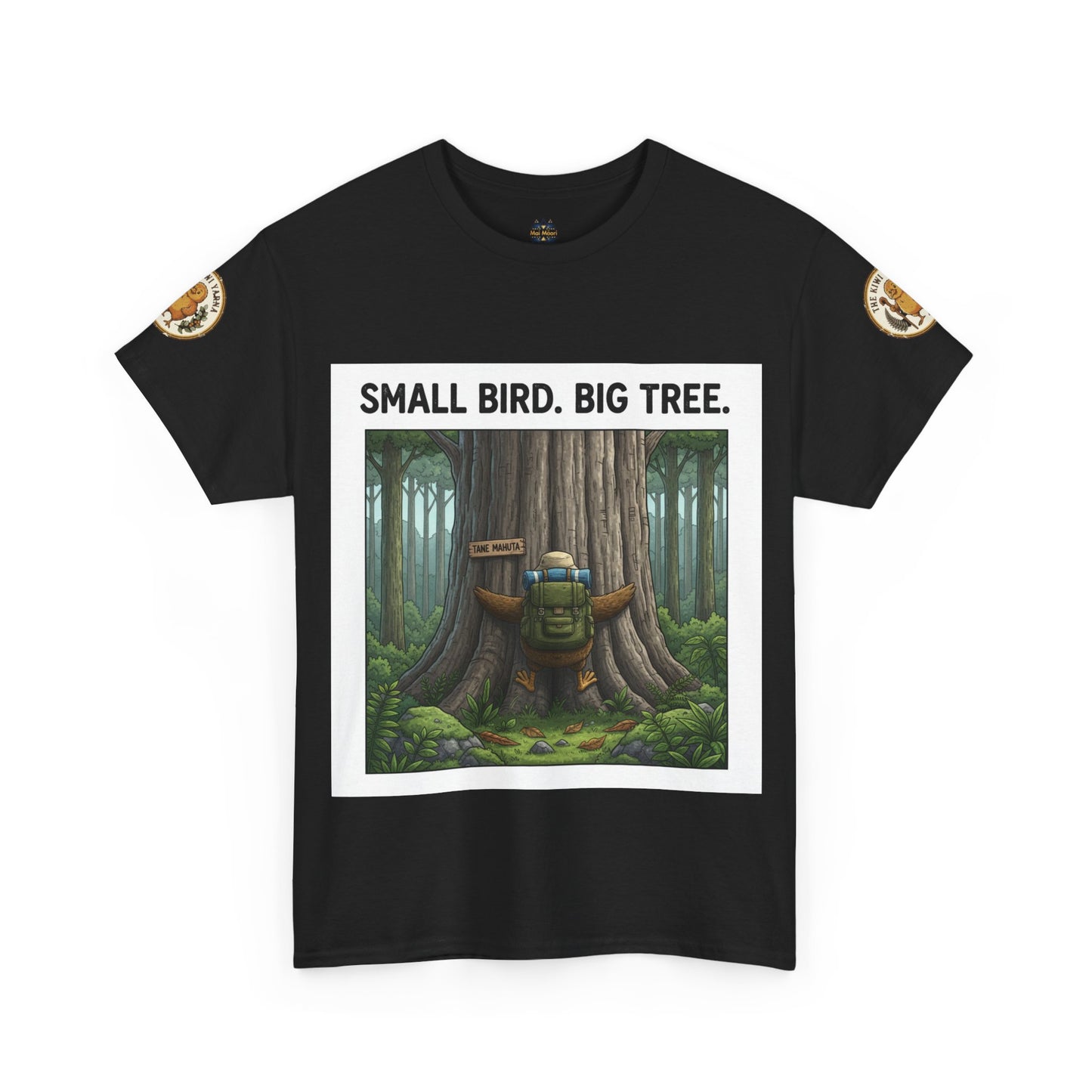 Black graphic T-shirt with forest scene print, round neck, short sleeves