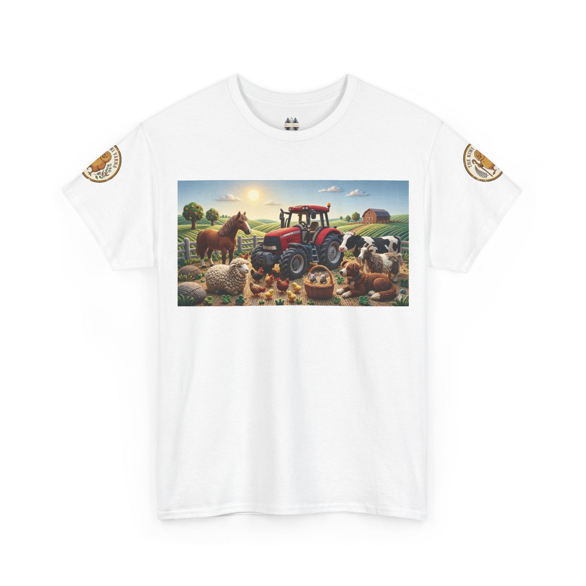 White farm graphic T-shirt with front rectangle tractor-and-animals scene and sleeve patches