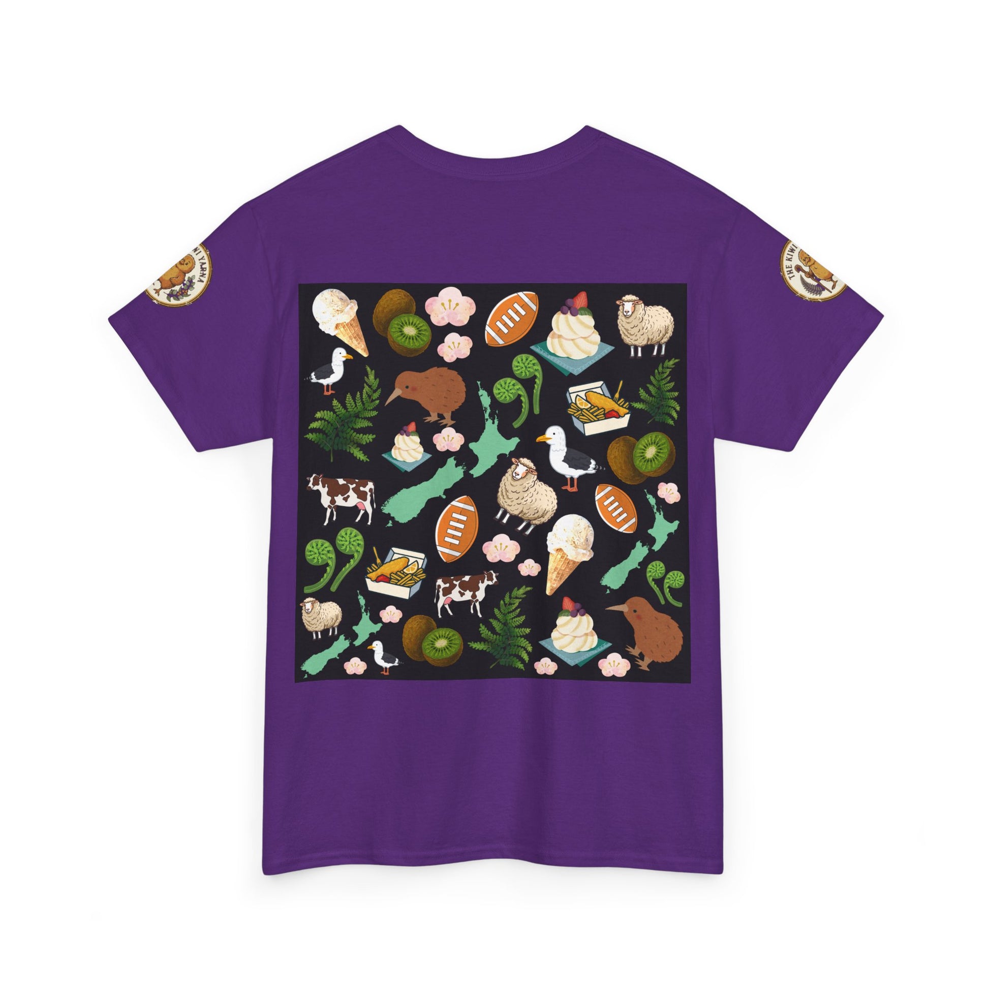 Kiwiana graphic T-shirt in purple with colorful wildlife print, crew neck