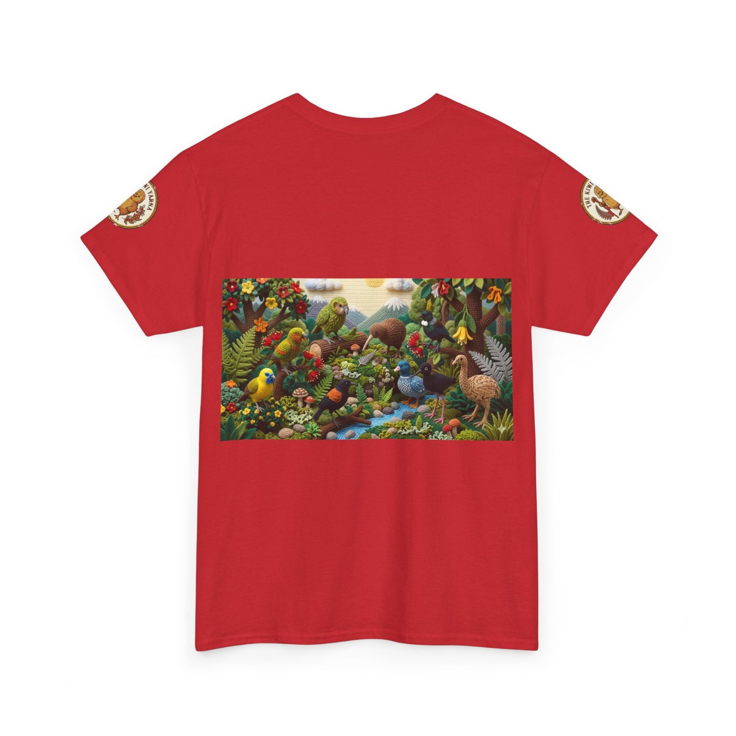 Red T-shirt with wide scenic birds and foliage graphic across the chest