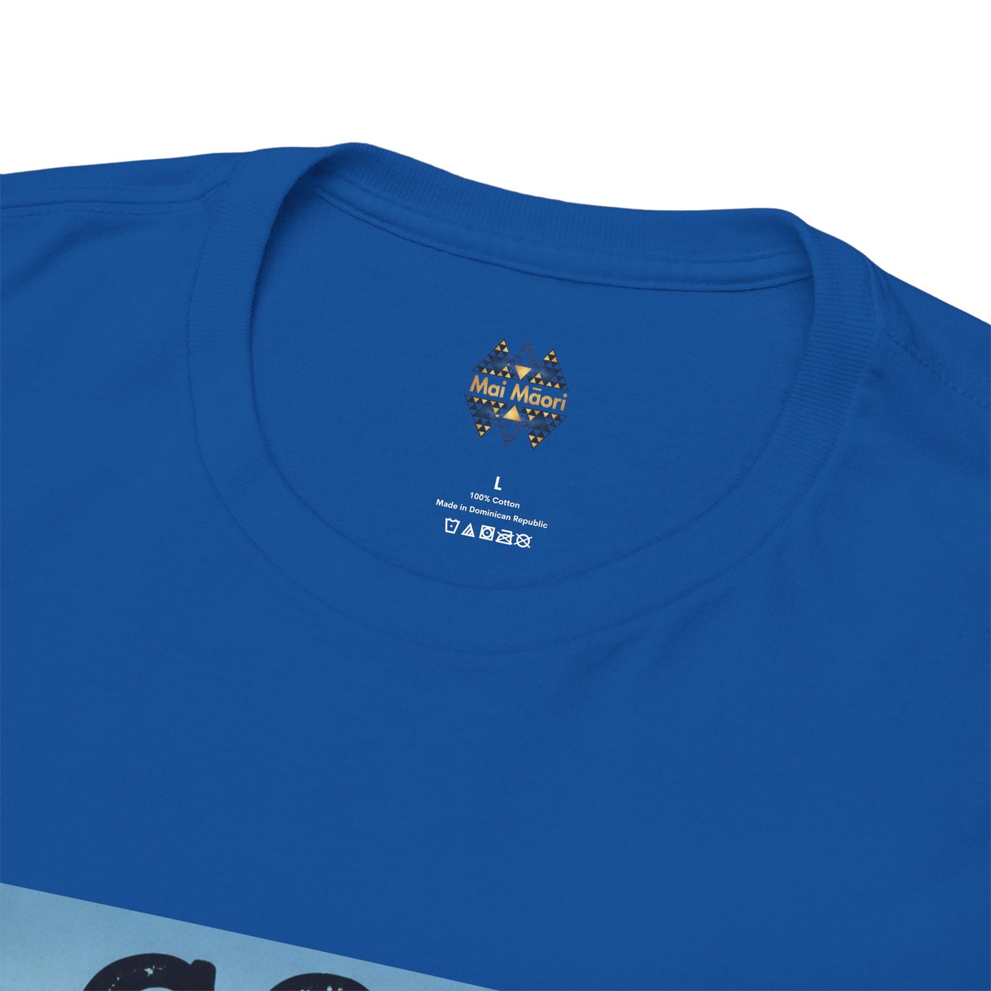 Blue crewneck T-shirt with small chest emblem and top graphic panel detail