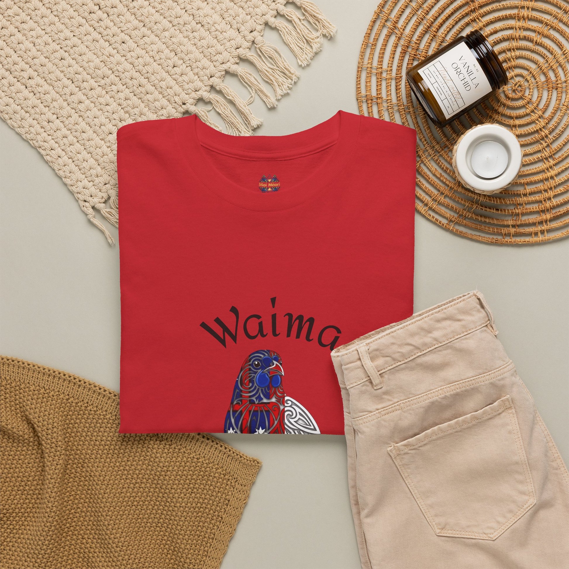 Tuhirangi Marae red graphic T-shirt with short sleeves and front print