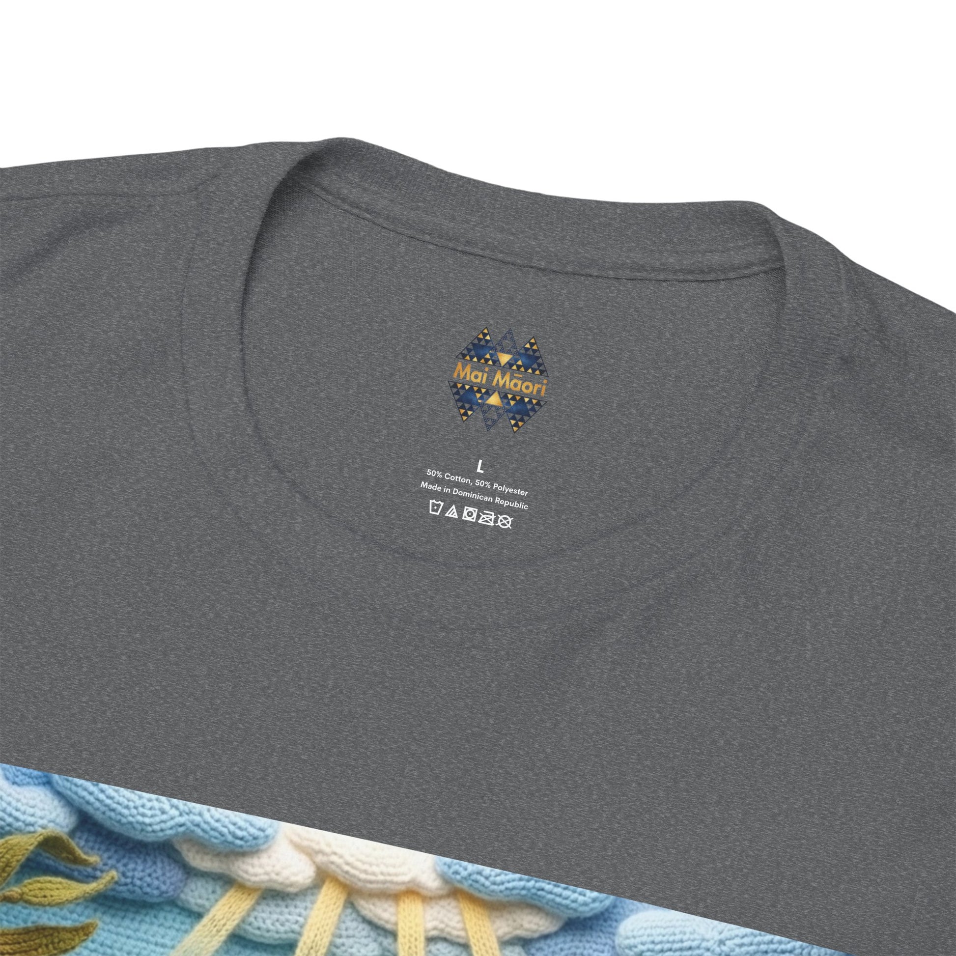 Heather gray T-shirt back shows Mai Moai heart logo and size label under neck