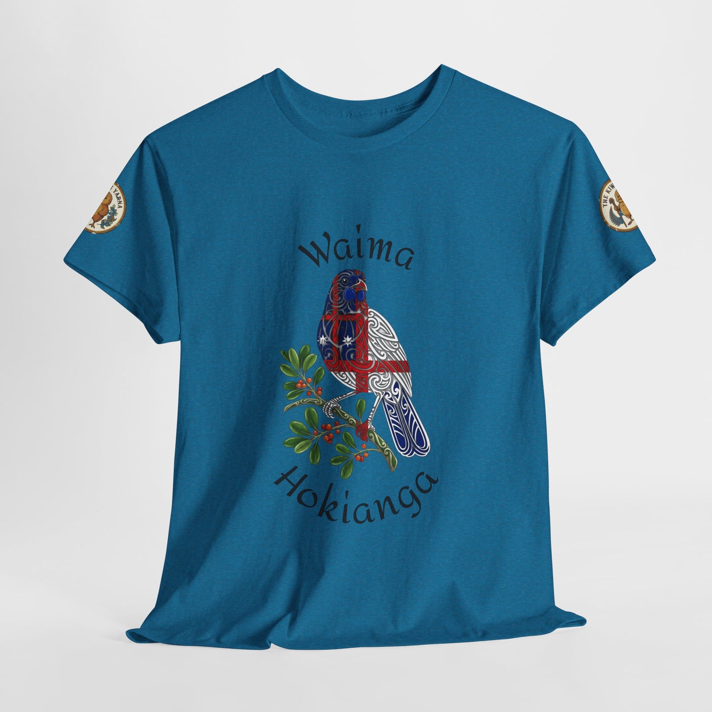 Teal crew-neck T-shirt with full centered bird illustration and arched lettering on front.