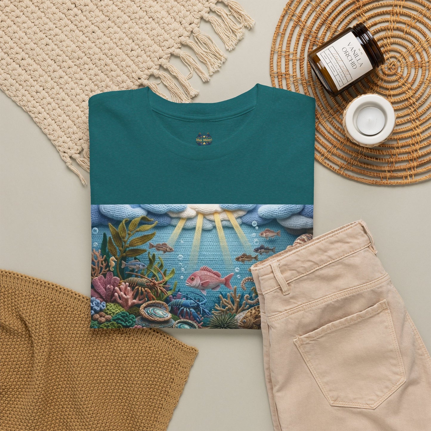 Teal short-sleeve T-shirt with undersea chest graphic and small chest logo