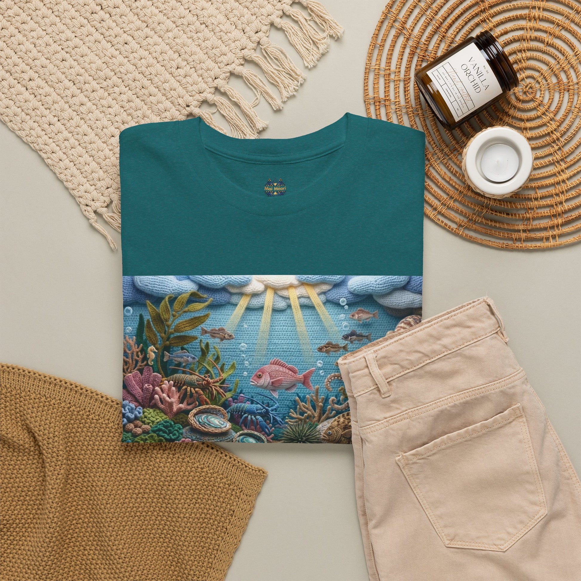 Teal short-sleeve T-shirt with undersea chest graphic and small chest logo