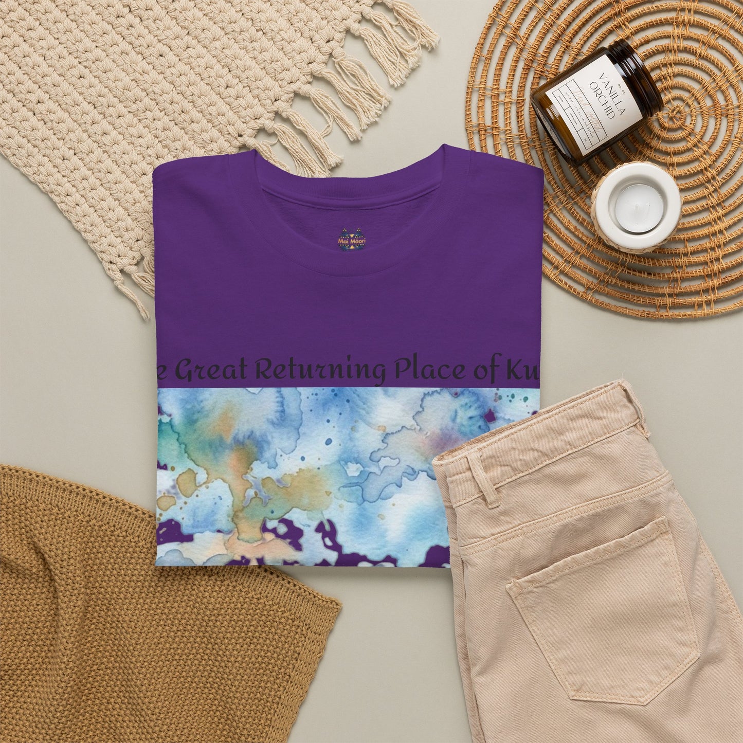 Purple crew-neck graphic T-shirt with watercolor-style landscape panel