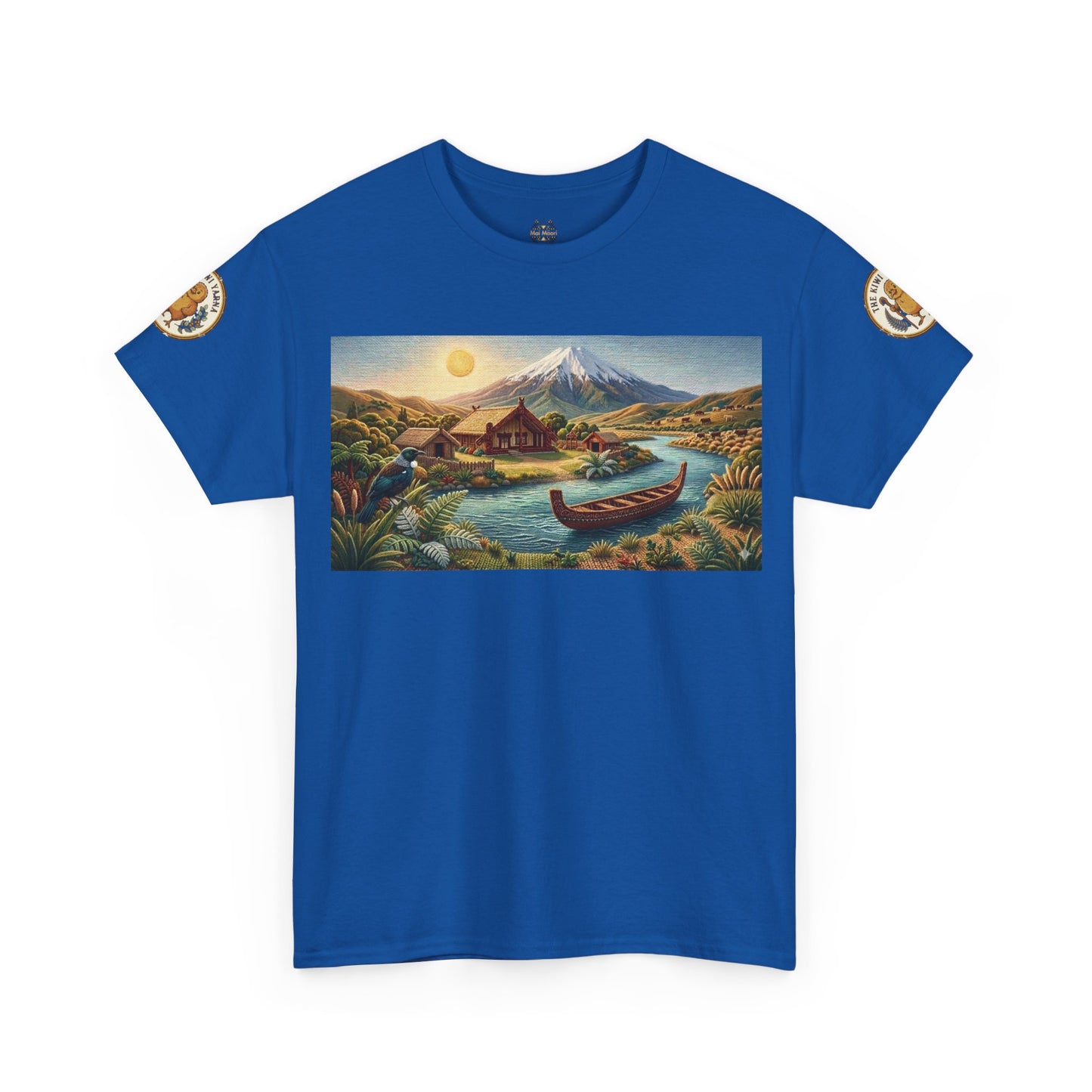 Royal blue graphic T-shirt with landscape print and small sleeve patches