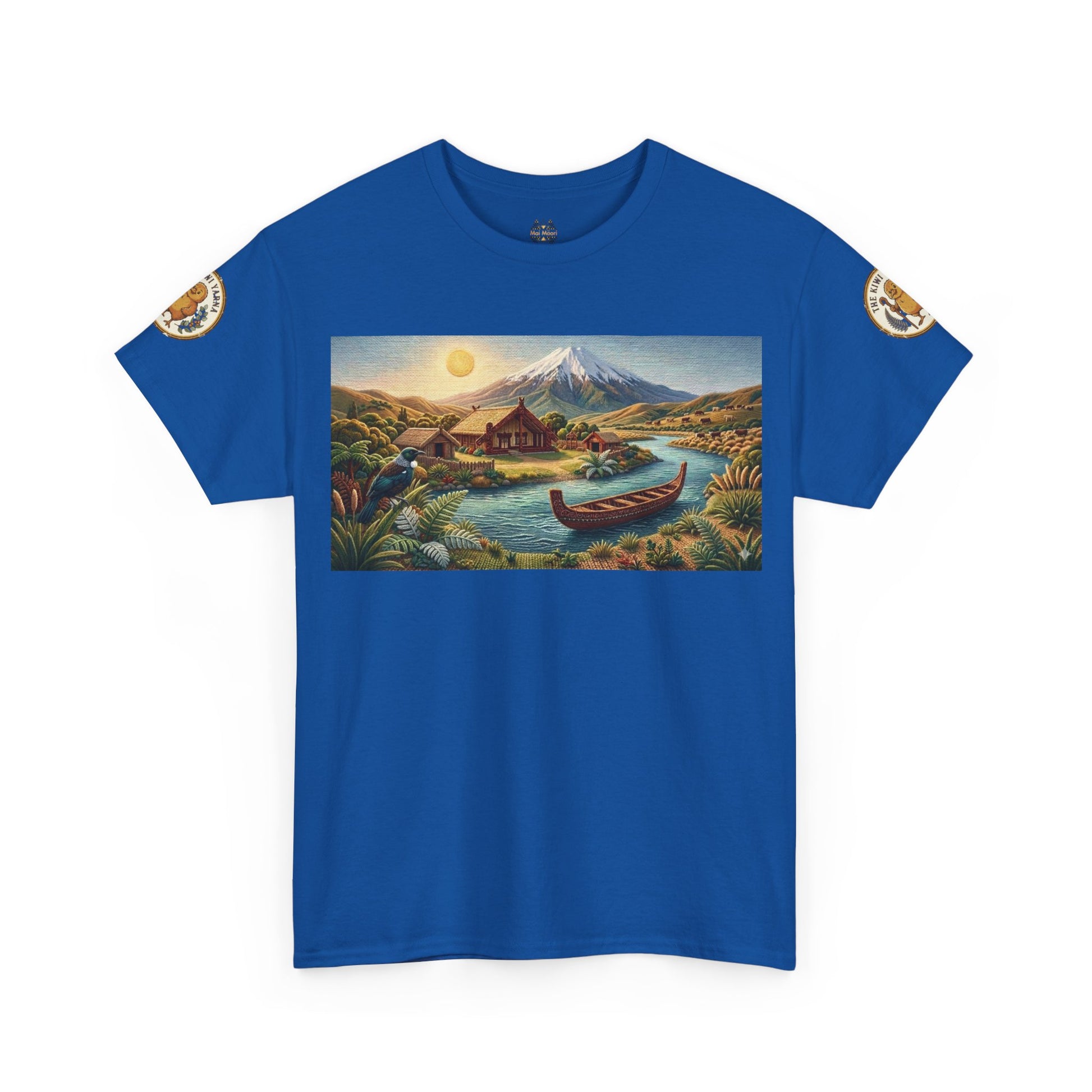 Royal blue graphic T-shirt with landscape print and small sleeve patches
