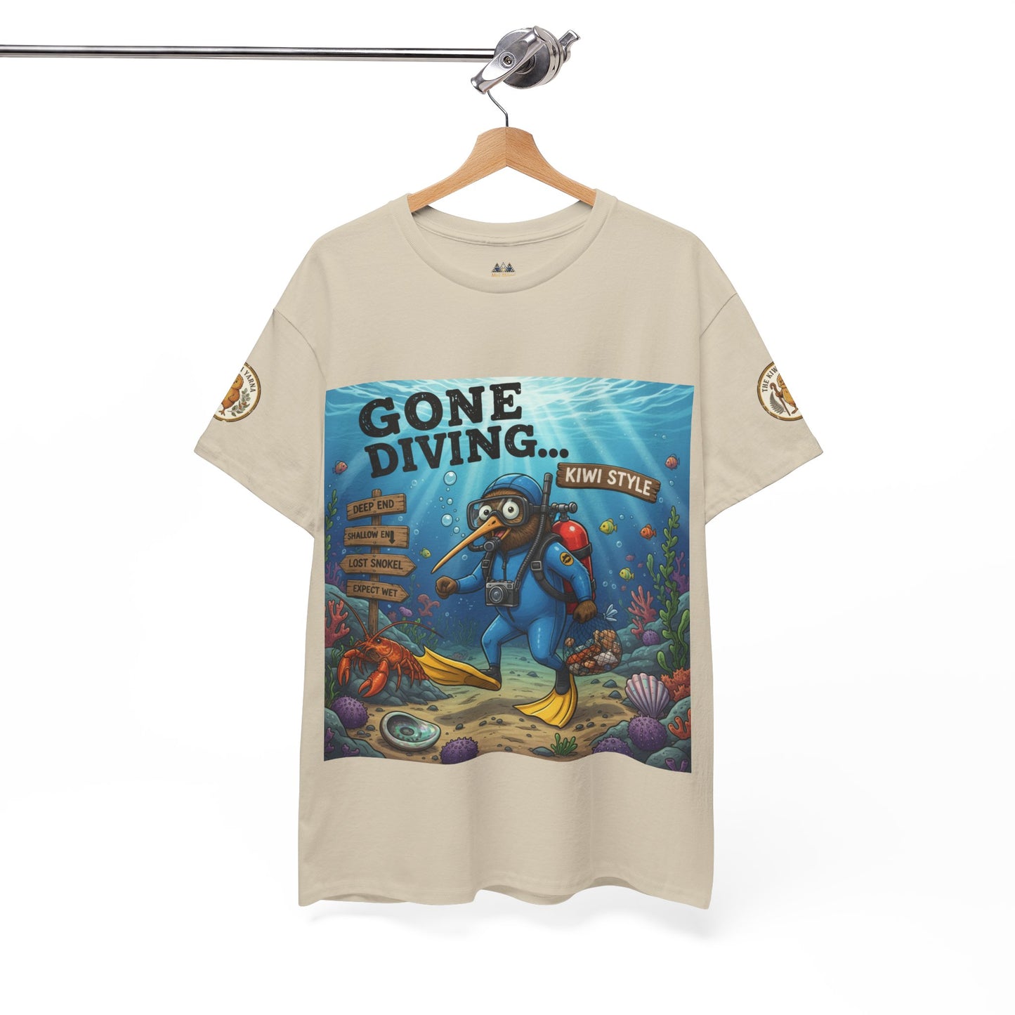 Natural/cream crew-neck T-shirt with front “Gone Diving…Kiwi Style” underwater print