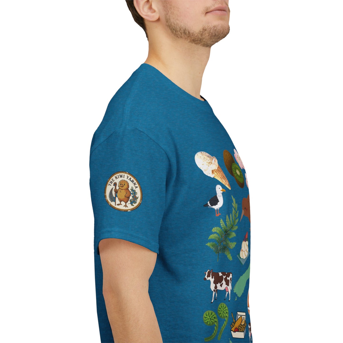 Teal graphic T-shirt with circular sleeve logo and illustrated animals panel