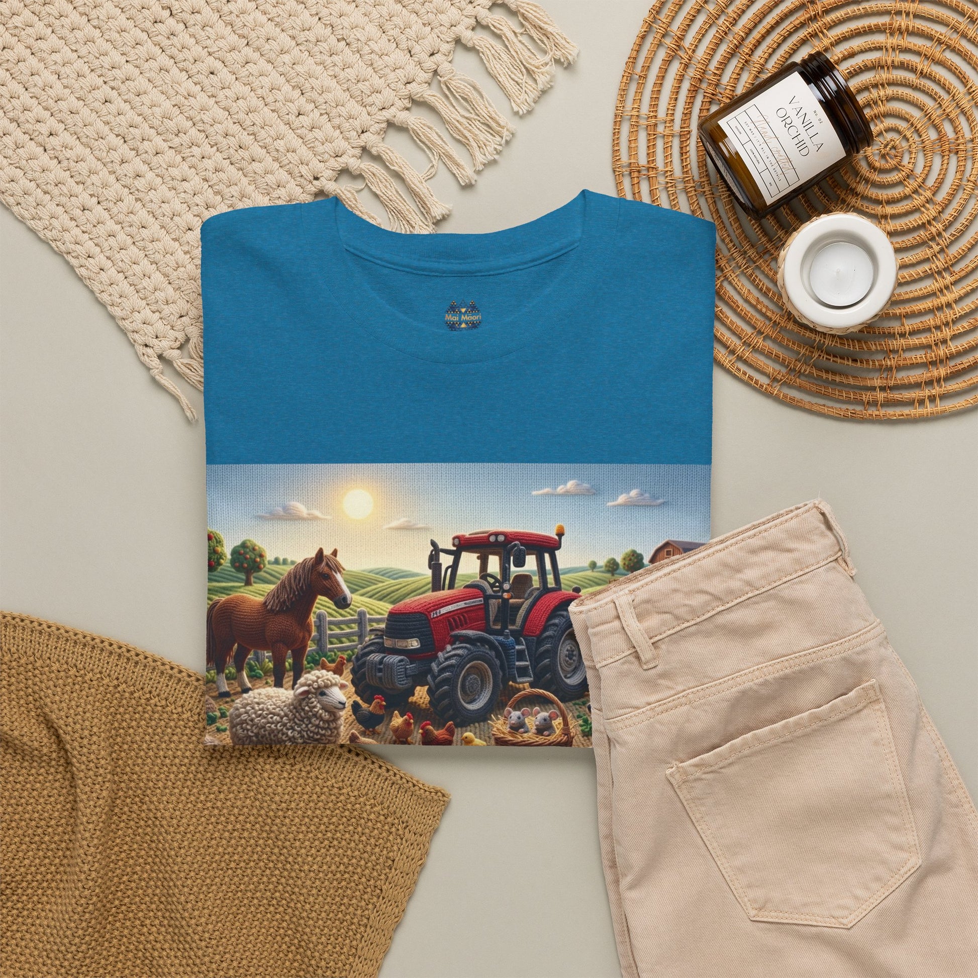 Blue short-sleeve T-shirt with front farm tractor graphic; crew neck with small chest emblem.