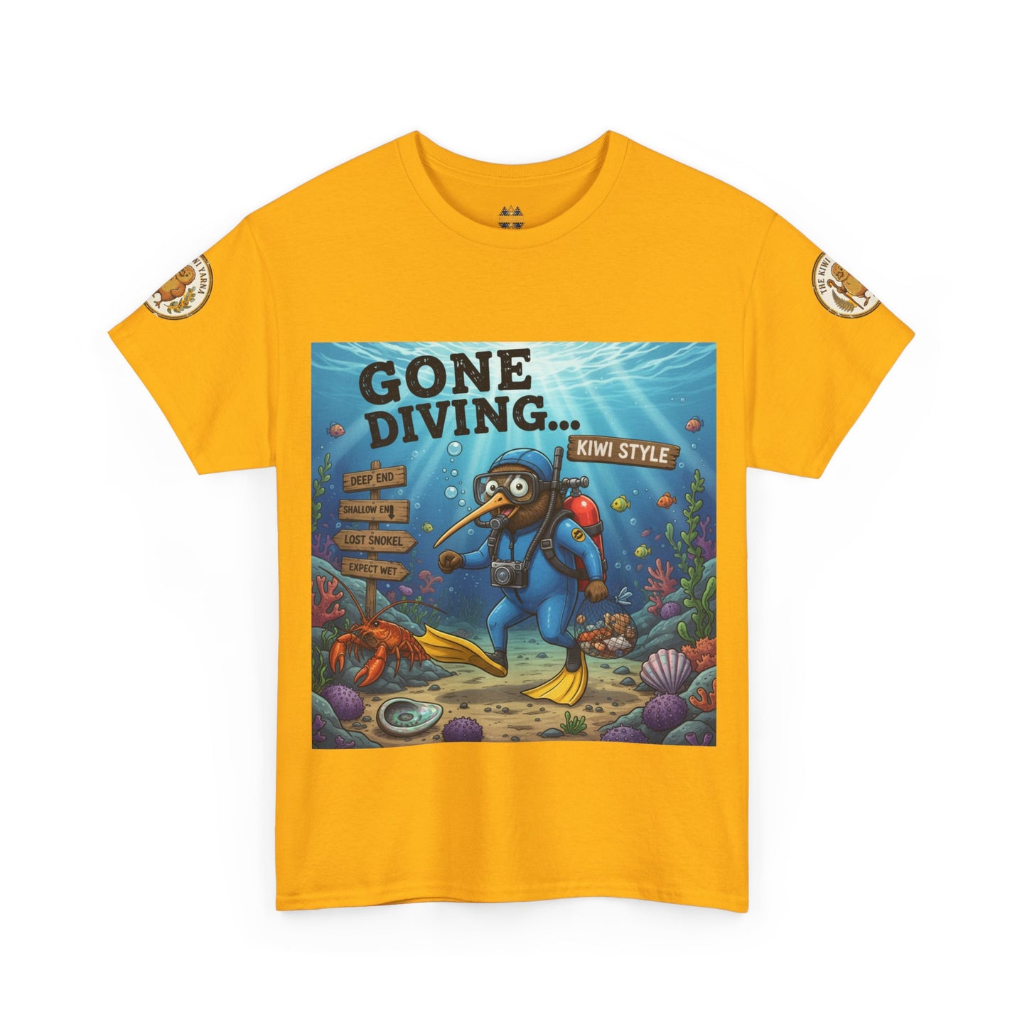 Mustard yellow crew-neck T-shirt with ocean diver graphic and round sleeve patches