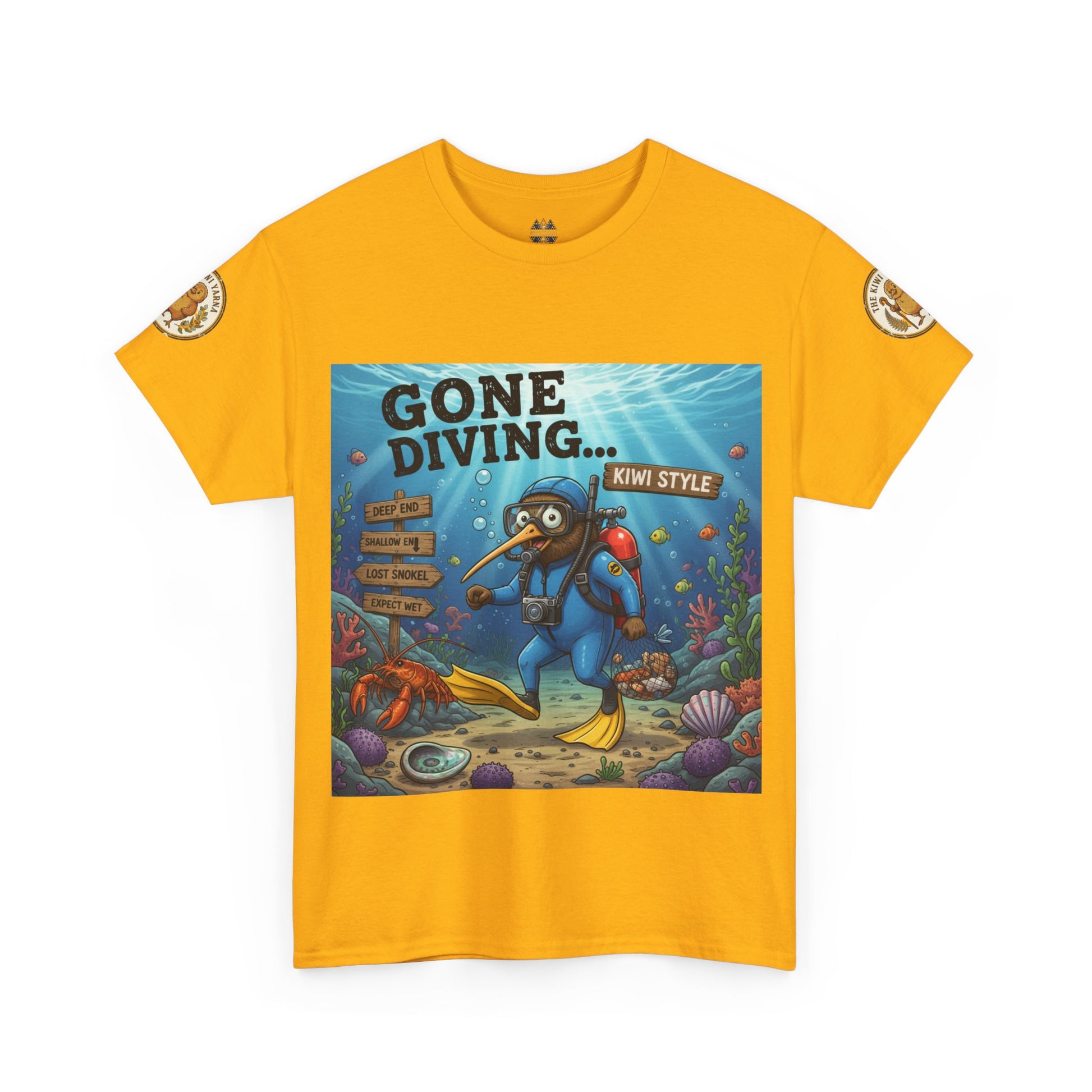 Mustard yellow crew-neck T-shirt with ocean diver graphic and round sleeve patches