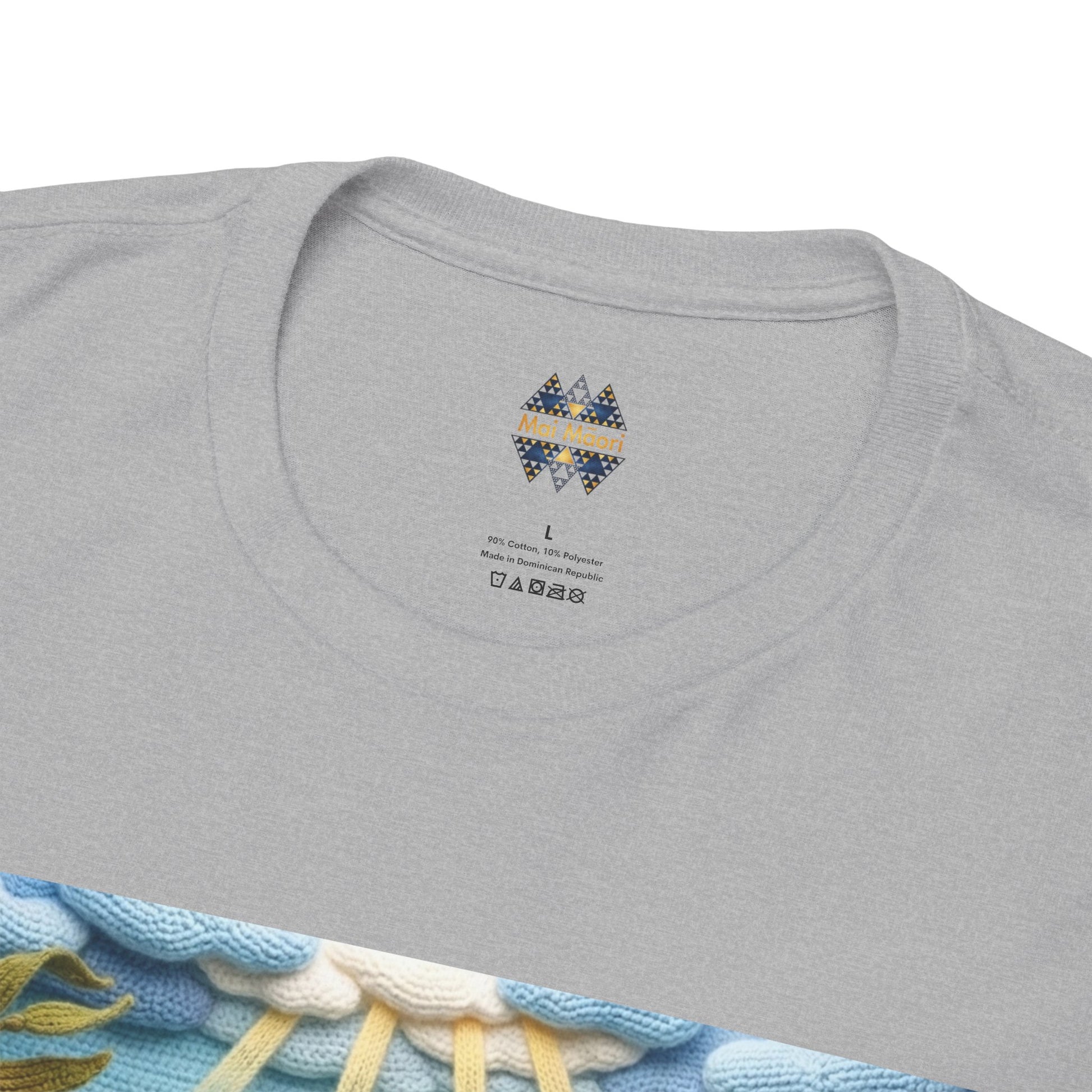 Under the Sea graphic T-shirt neckline in heather gray with small logo on chest