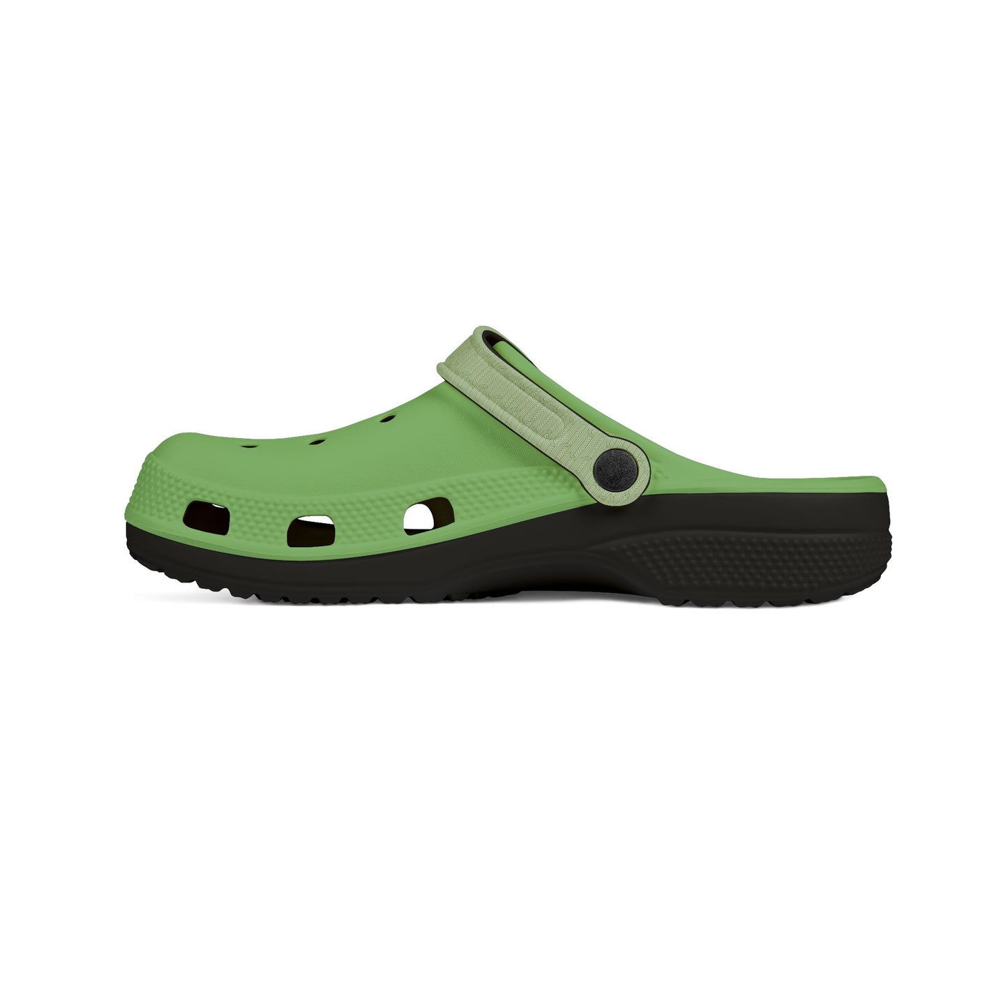 Green clog sandals, front angle, perforated toe cutouts and black outsole