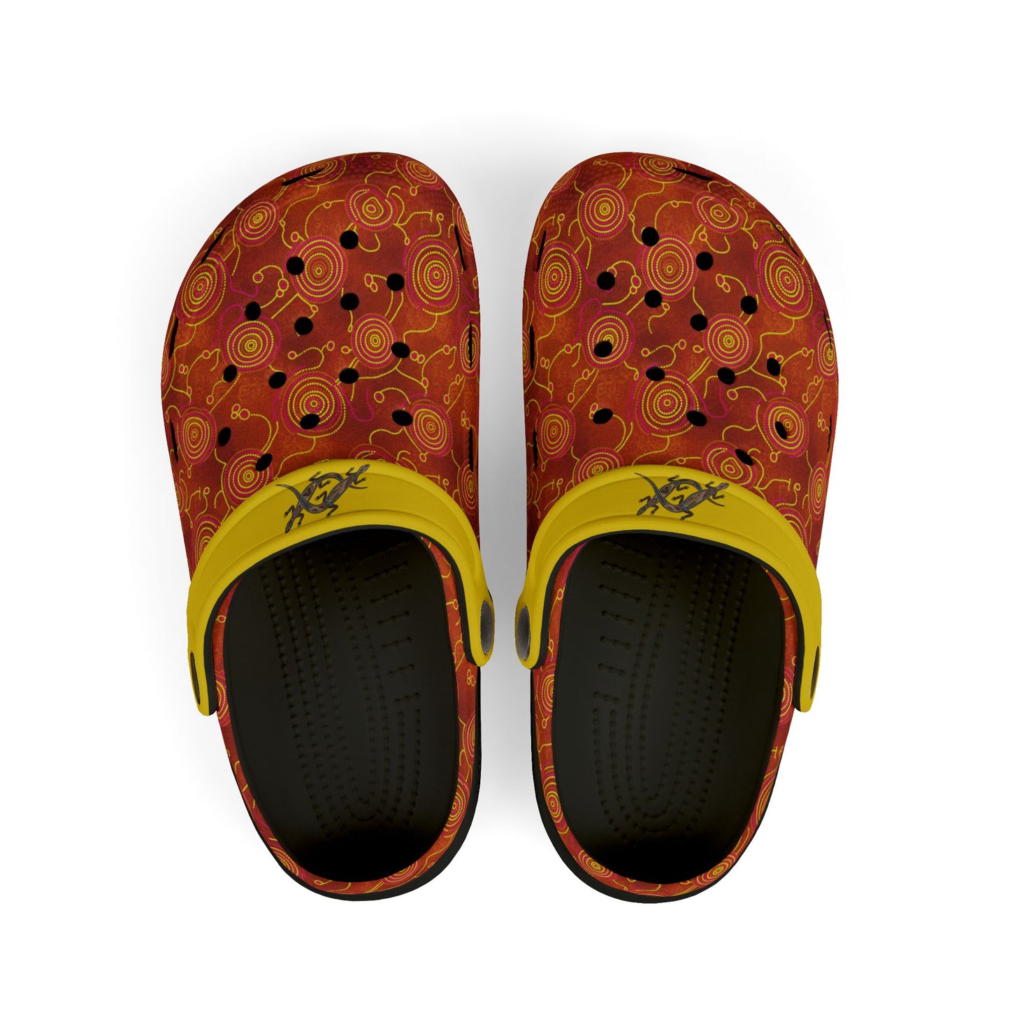 Aboriginal art casual clog shoe, red patterned top with yellow strap; black inner footbed