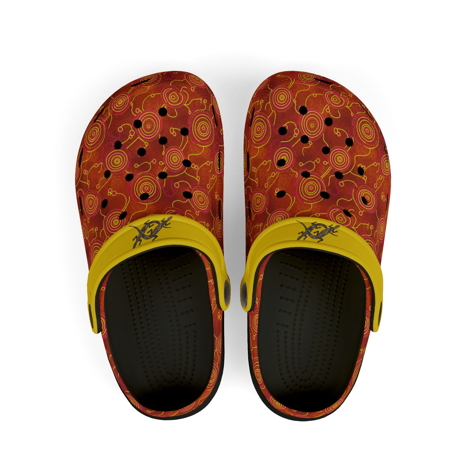 Aboriginal art casual clog shoe, red patterned top with yellow strap; black inner footbed