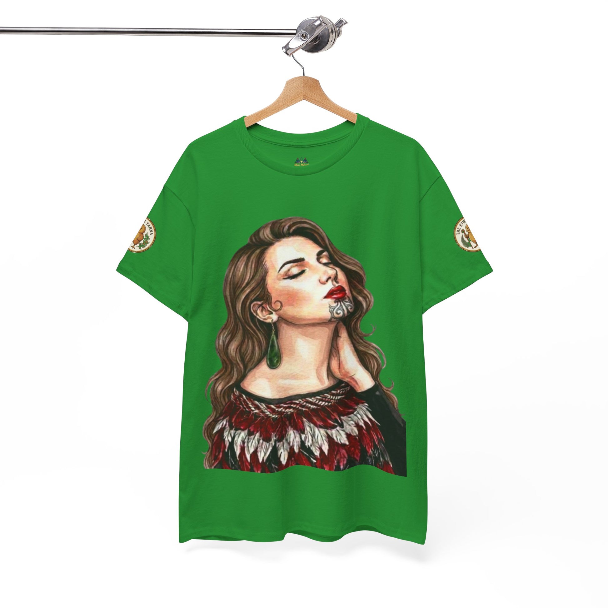 Green graphic T-shirt with woman portrait print hanging on a rack