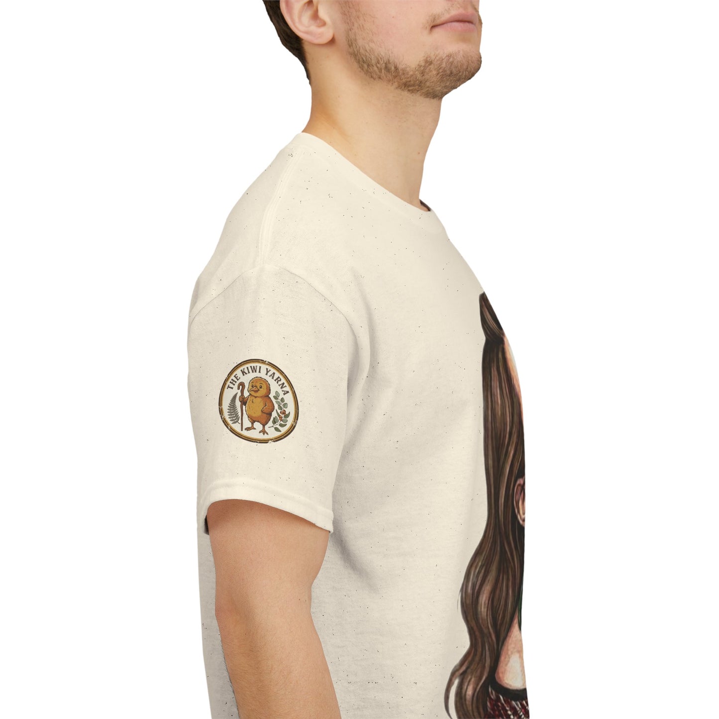 Cream graphic T-shirt with circular sleeve badge and portrait print