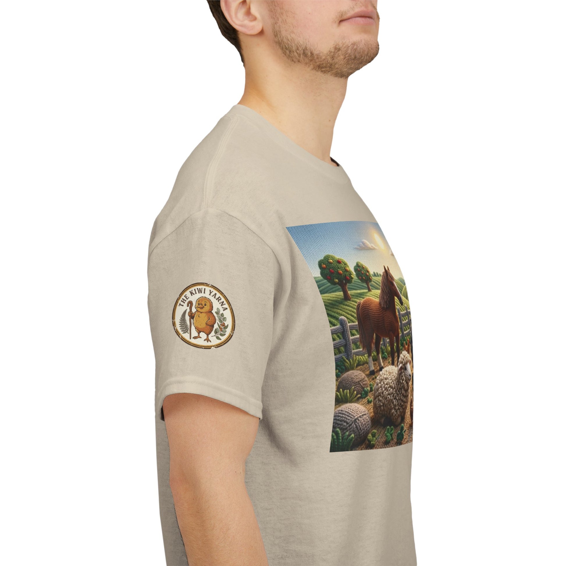 Natural beige T-shirt on model with farm graphic panel and circular sleeve logo