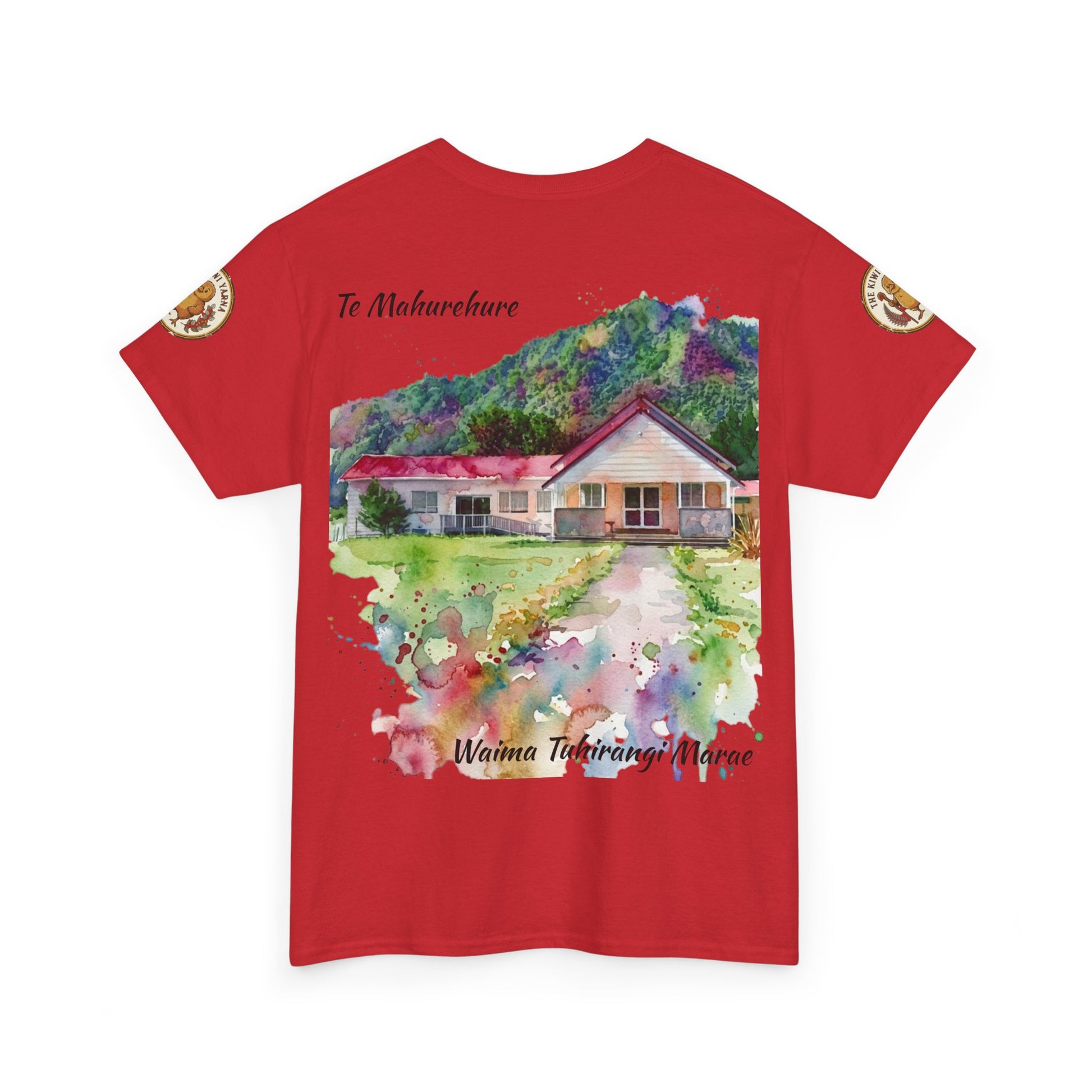 Red crew-neck T-shirt with watercolor-style house graphic and “Te Mahurehure” text
