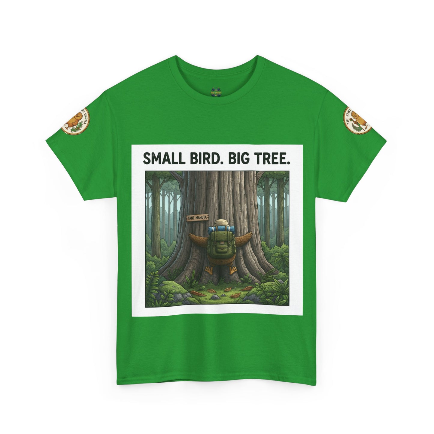 Green crewneck T-shirt with forest graphic and 'Small Bird. Big Tree.' print