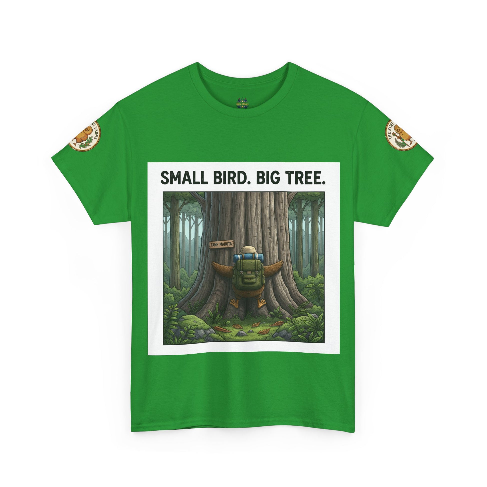Green crewneck T-shirt with forest graphic and 'Small Bird. Big Tree.' print
