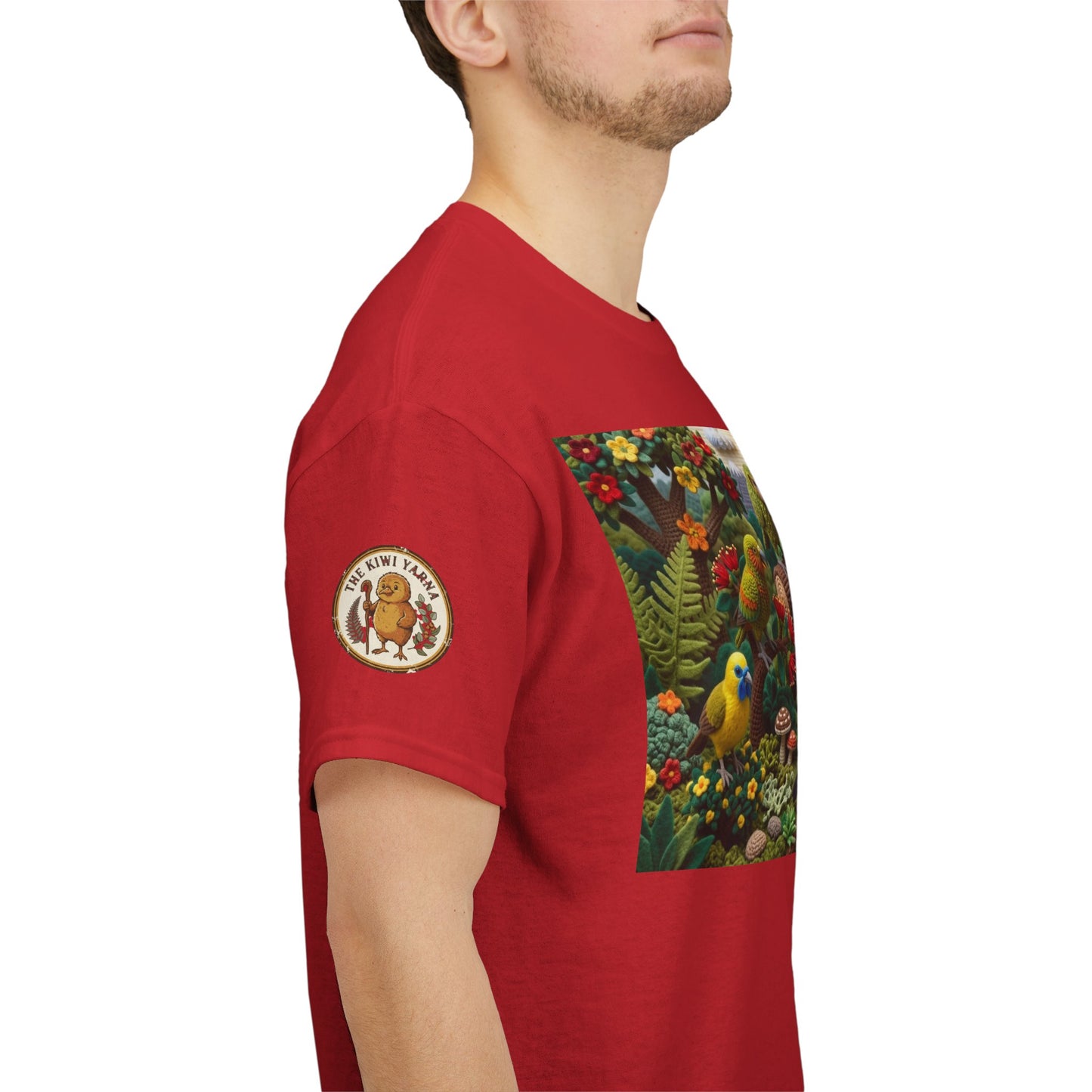 Red T-shirt with side chest bird scene and round sleeve emblem patch