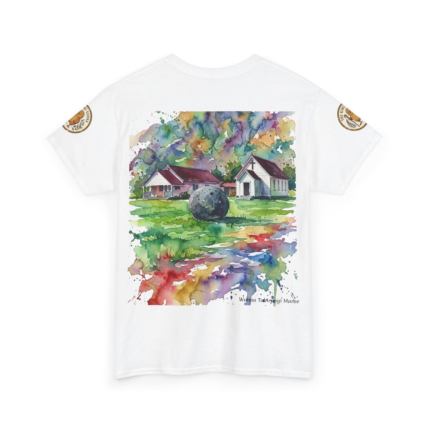 White T-shirt with watercolor landscape print and houses in colorful splashes