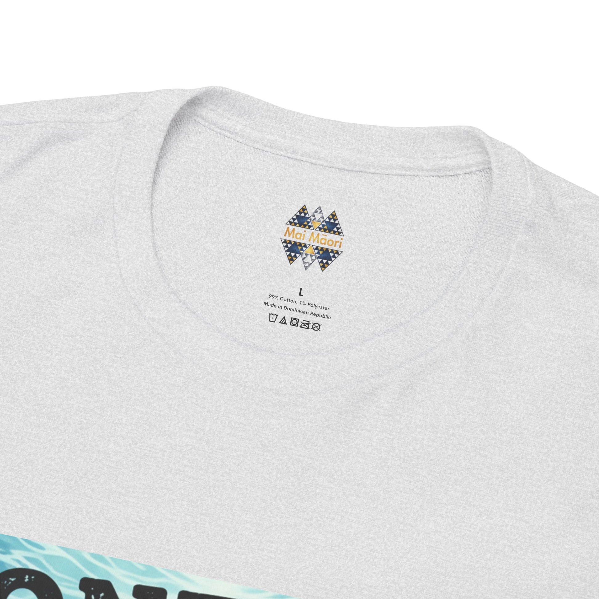 Light gray crew-neck T-shirt with small multicolor chest logo on back