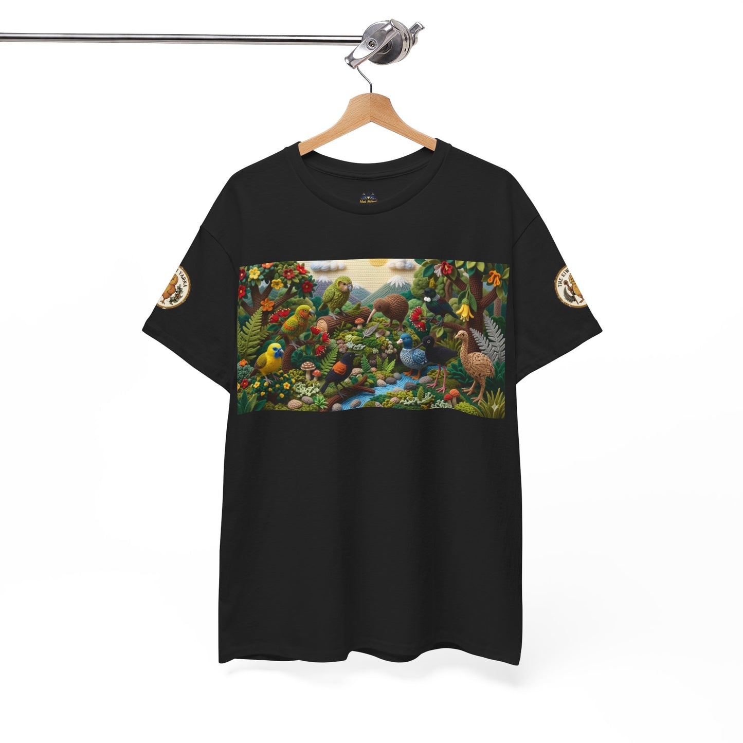 Black graphic T-shirt on hanger with birds-and-flowers rectangular front print