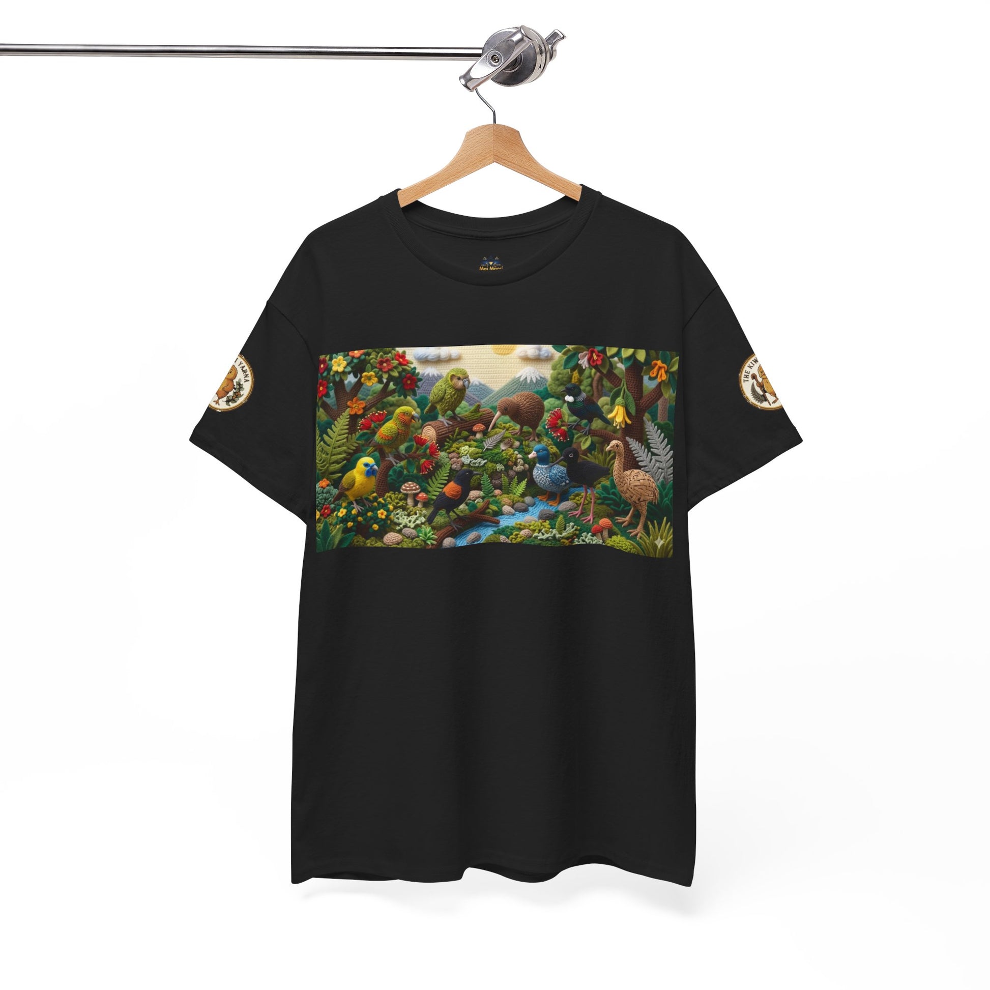 Black graphic T-shirt on hanger with birds-and-flowers rectangular front print