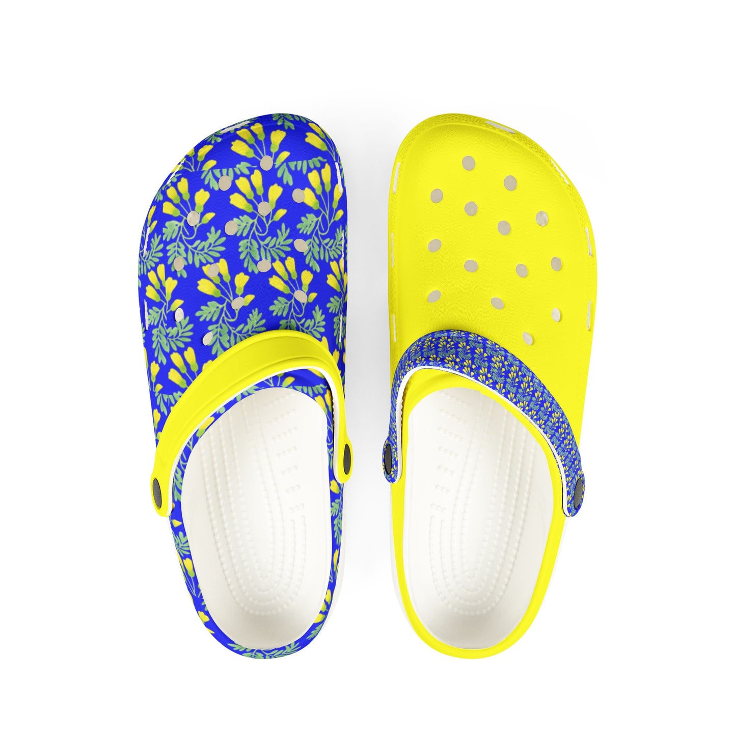 Kōwhai clogs, blue floral and lime yellow with dot holes and textured sole
