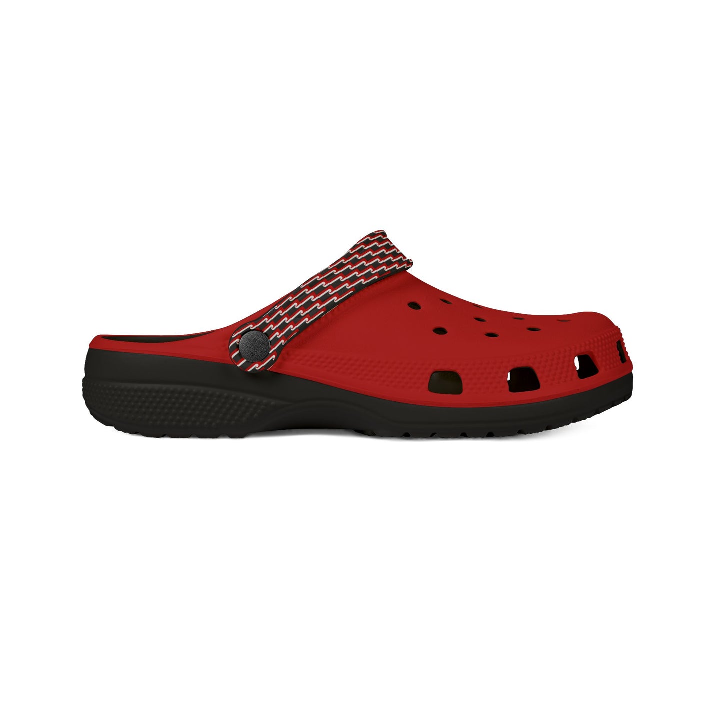Red and black slip-on clog with striped strap and round perforations