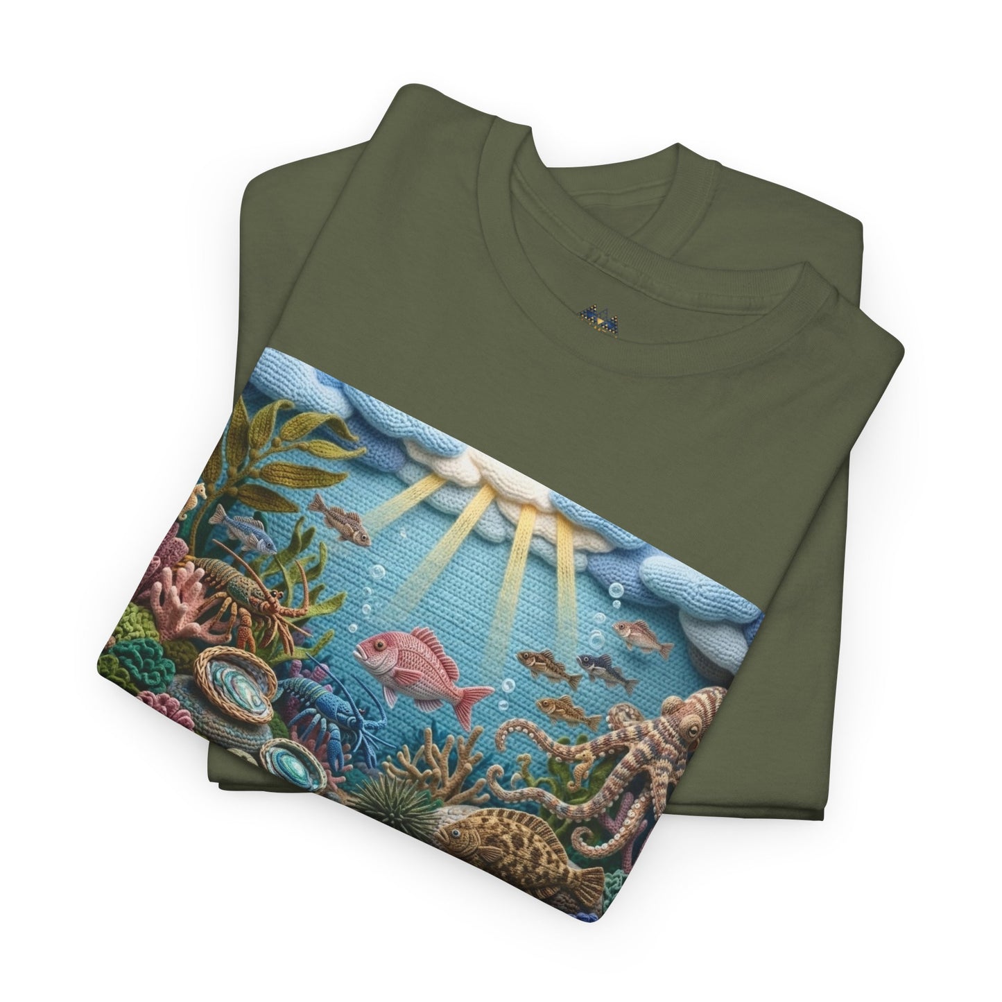 Olive T-shirt with undersea rectangular graphic front and short sleeves