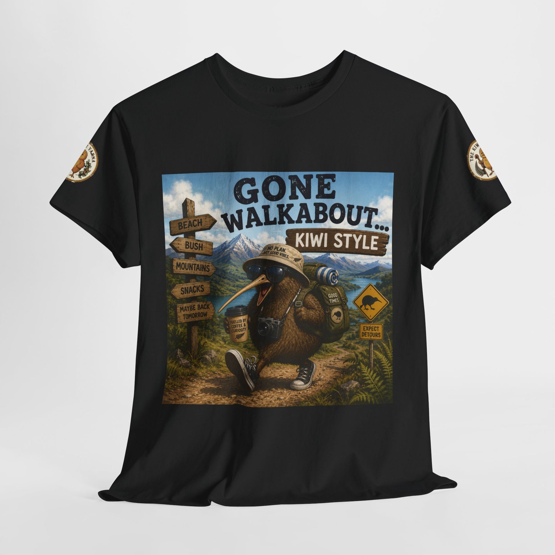 Black T-shirt with large “Gone Walkabout Kiwi Style” front graphic and logo sleeve patches.