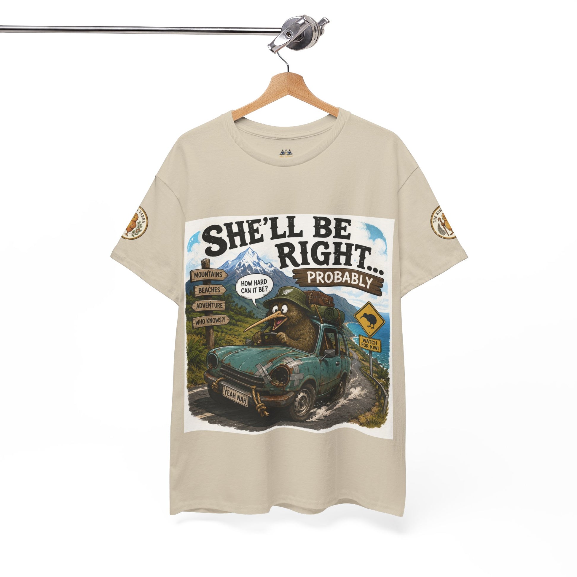 Cream crewneck graphic T-shirt on hanger with front car and text print