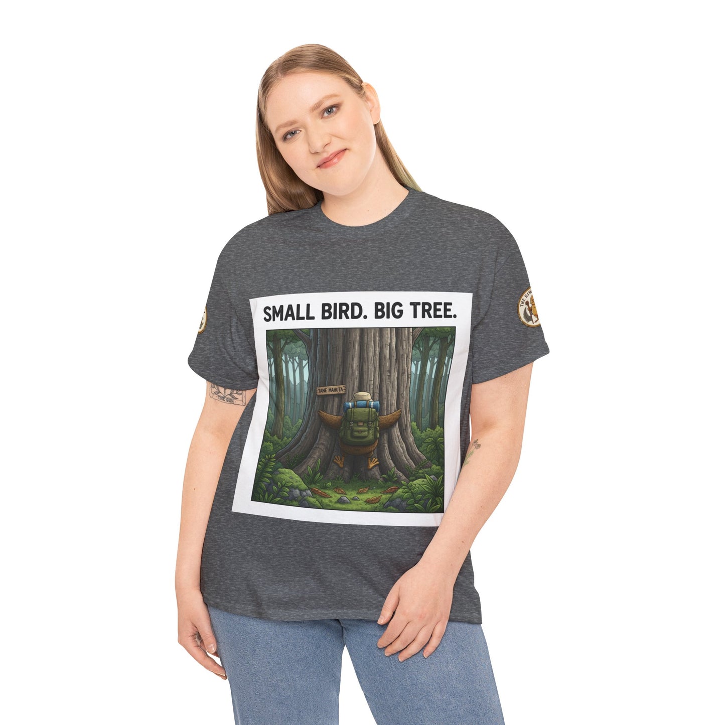 Gray heather T-shirt worn by model, featuring forest square front graphic