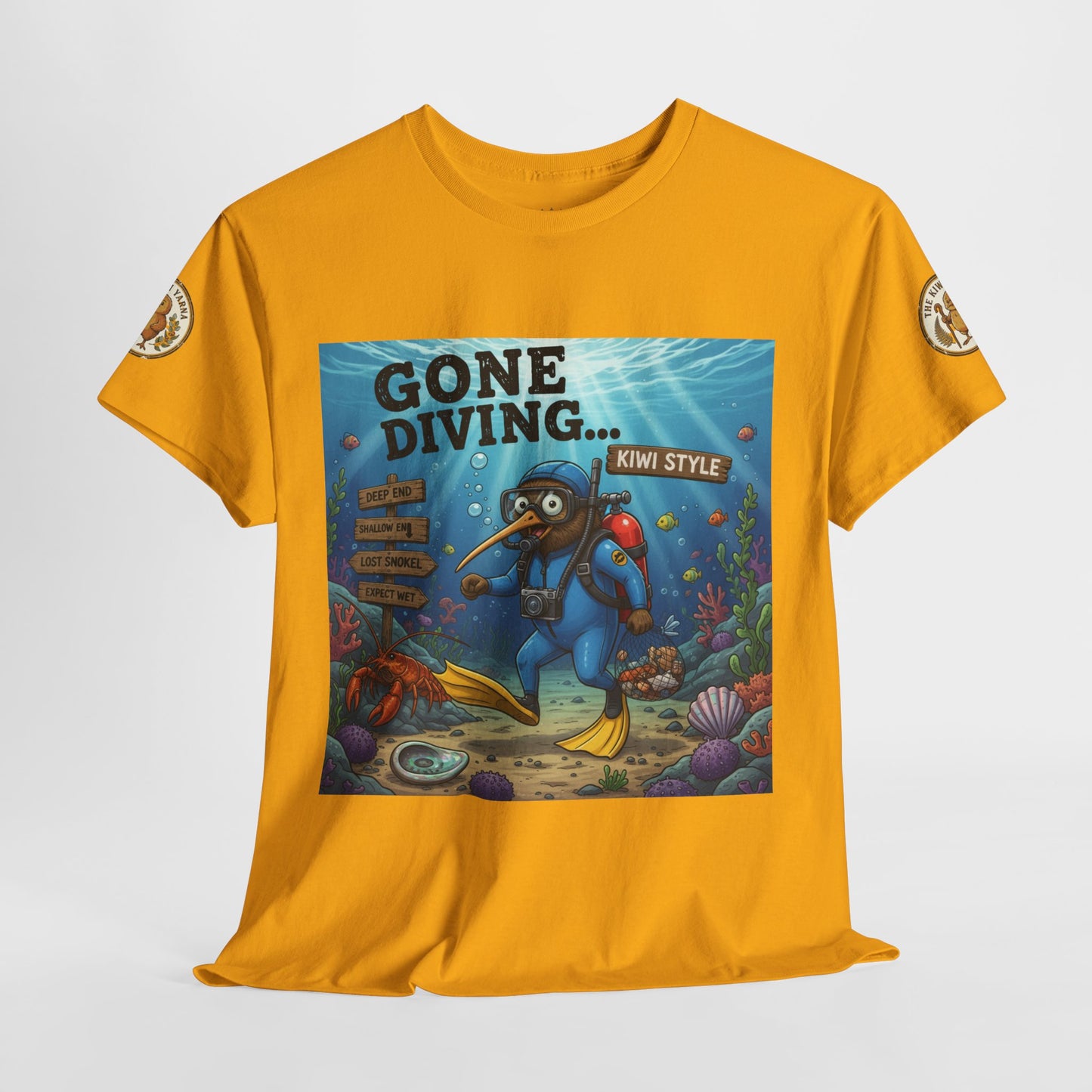 Yellow kids graphic T-shirt front view with square diver scene artwork