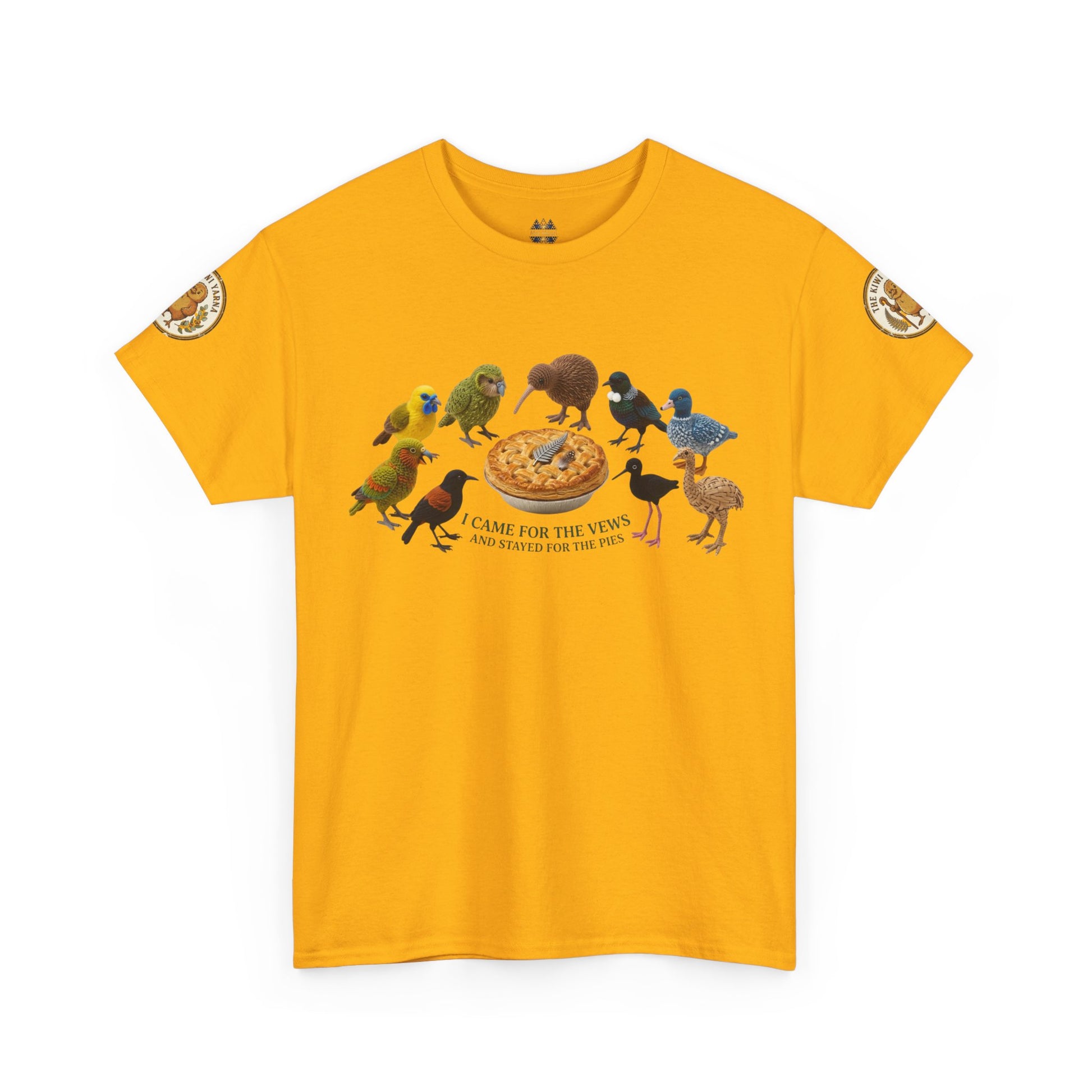 Mustard yellow graphic T-shirt with birds-and-pizza print and round sleeve patches