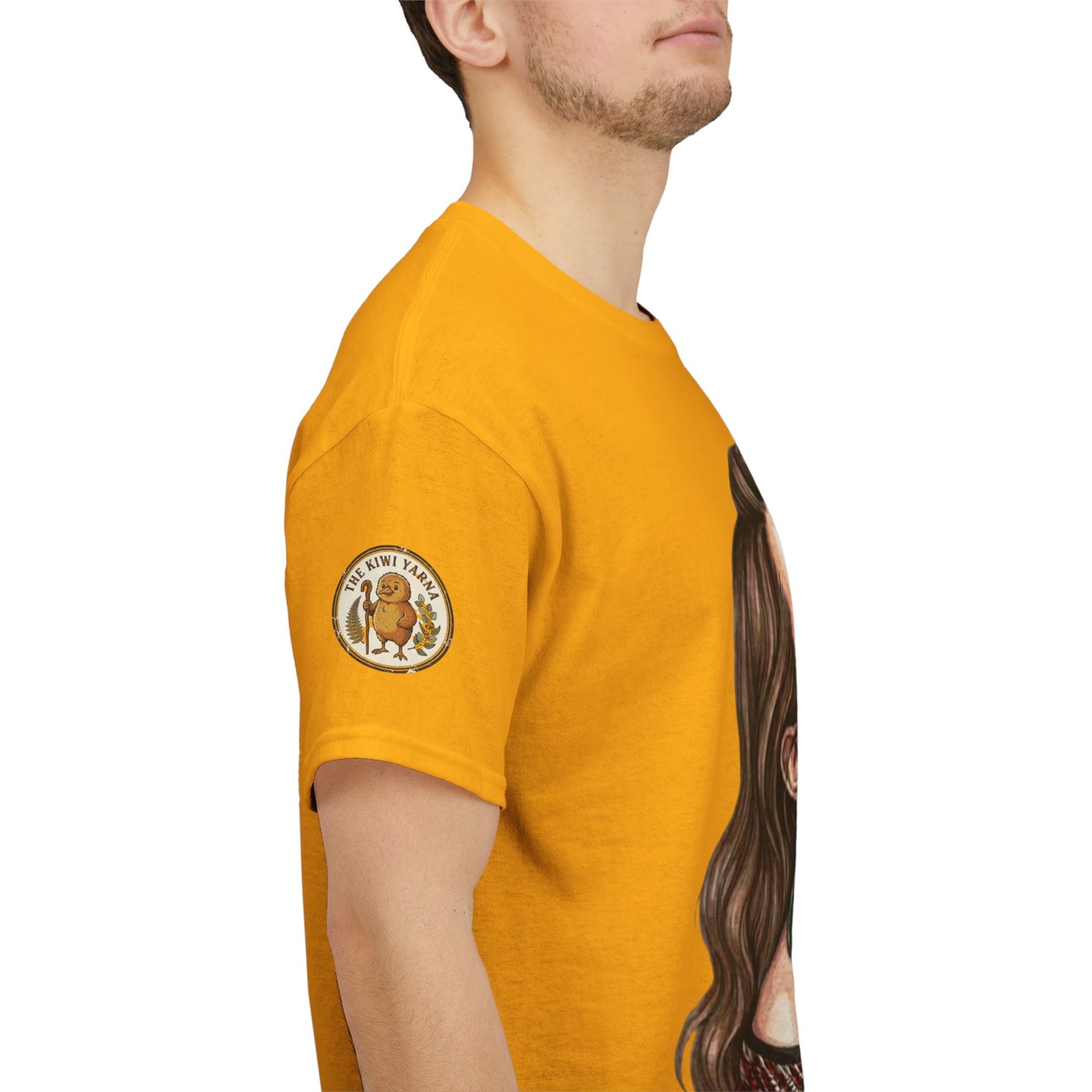 Orange graphic T-shirt, crew neck, short sleeves, portrait print, circular sleeve patch