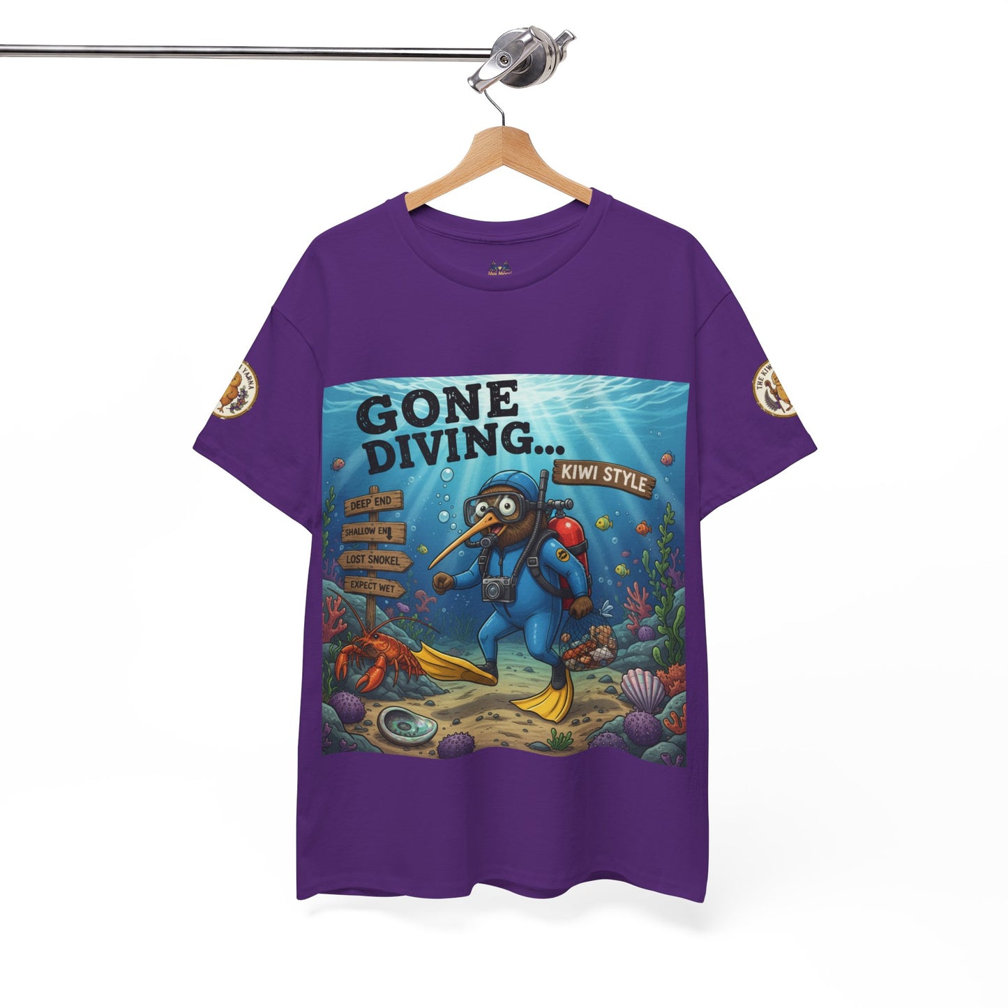 Purple short-sleeve graphic T-shirt with “Gone Diving” ocean diver artwork