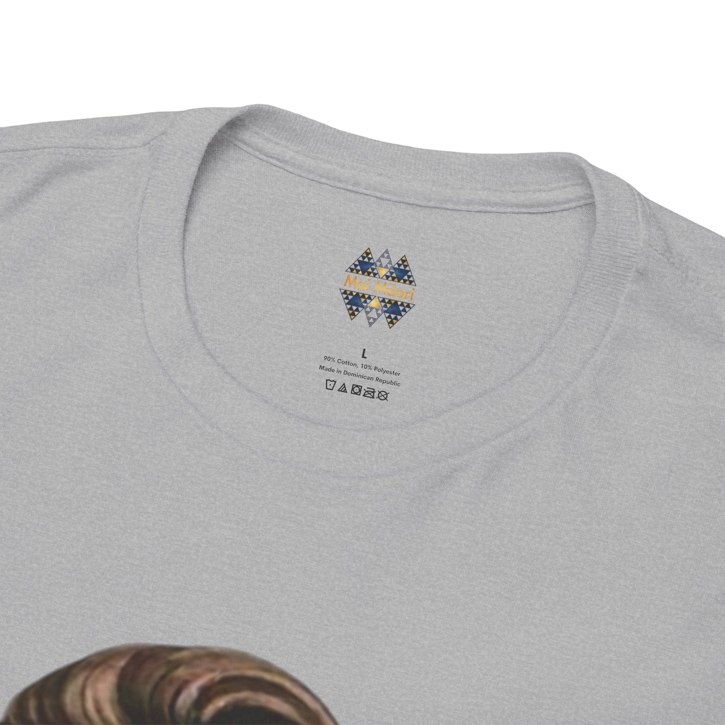 Heather gray T-shirt back neckline with small star logo graphic
