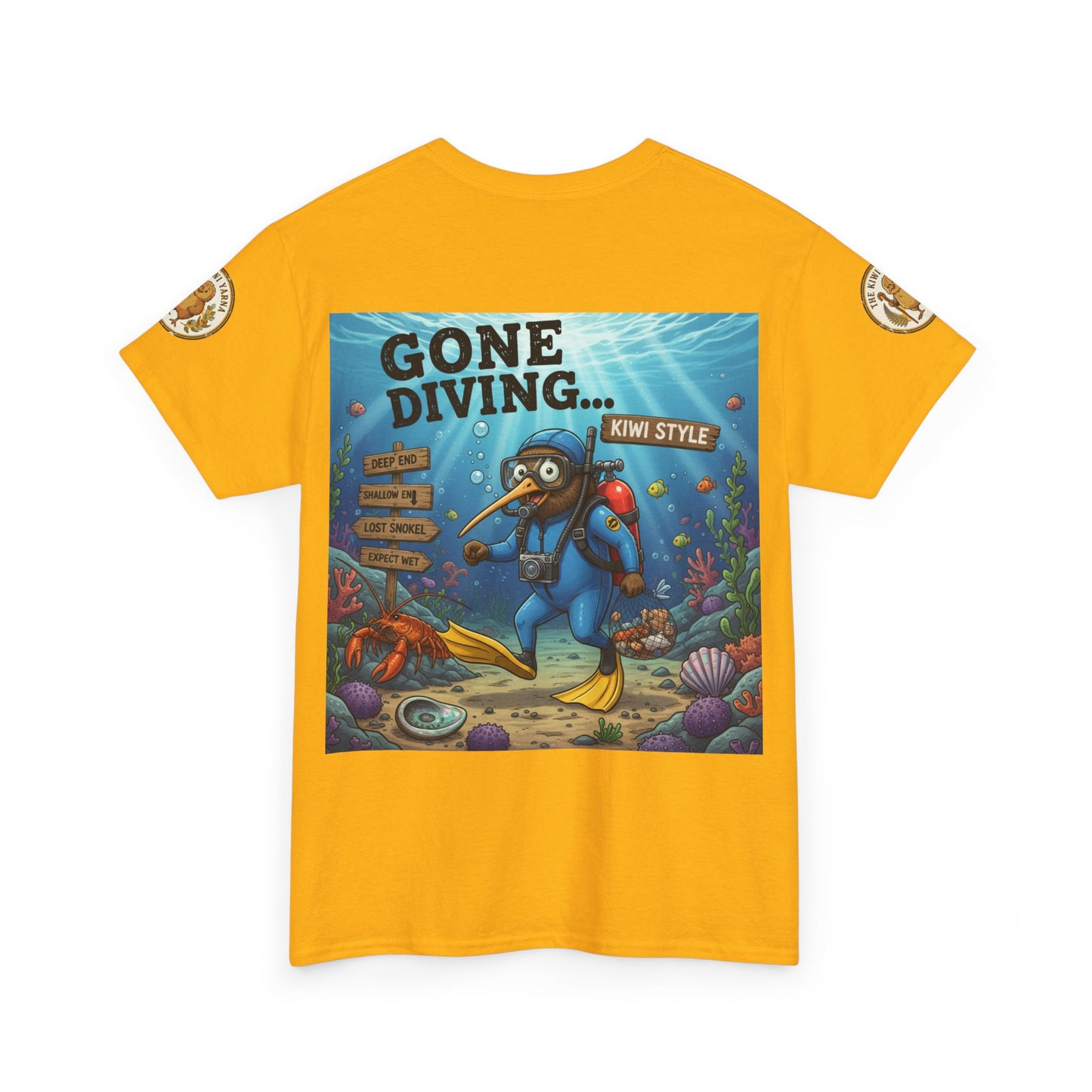 Yellow crewneck graphic T-shirt with underwater diver square front print